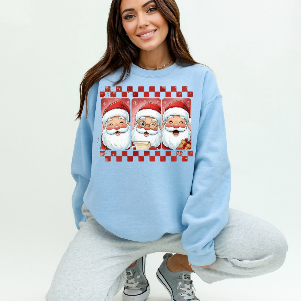 Three Jolly Santas Christmas Sweatshirt | Checkered Retro Holiday Crewneck