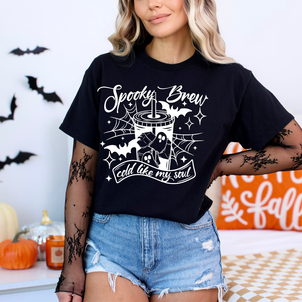 Spooky Brew, Cold Like My Soul" Halloween Drink Tee | Ghostly Coffee Lover Shirt image 0
