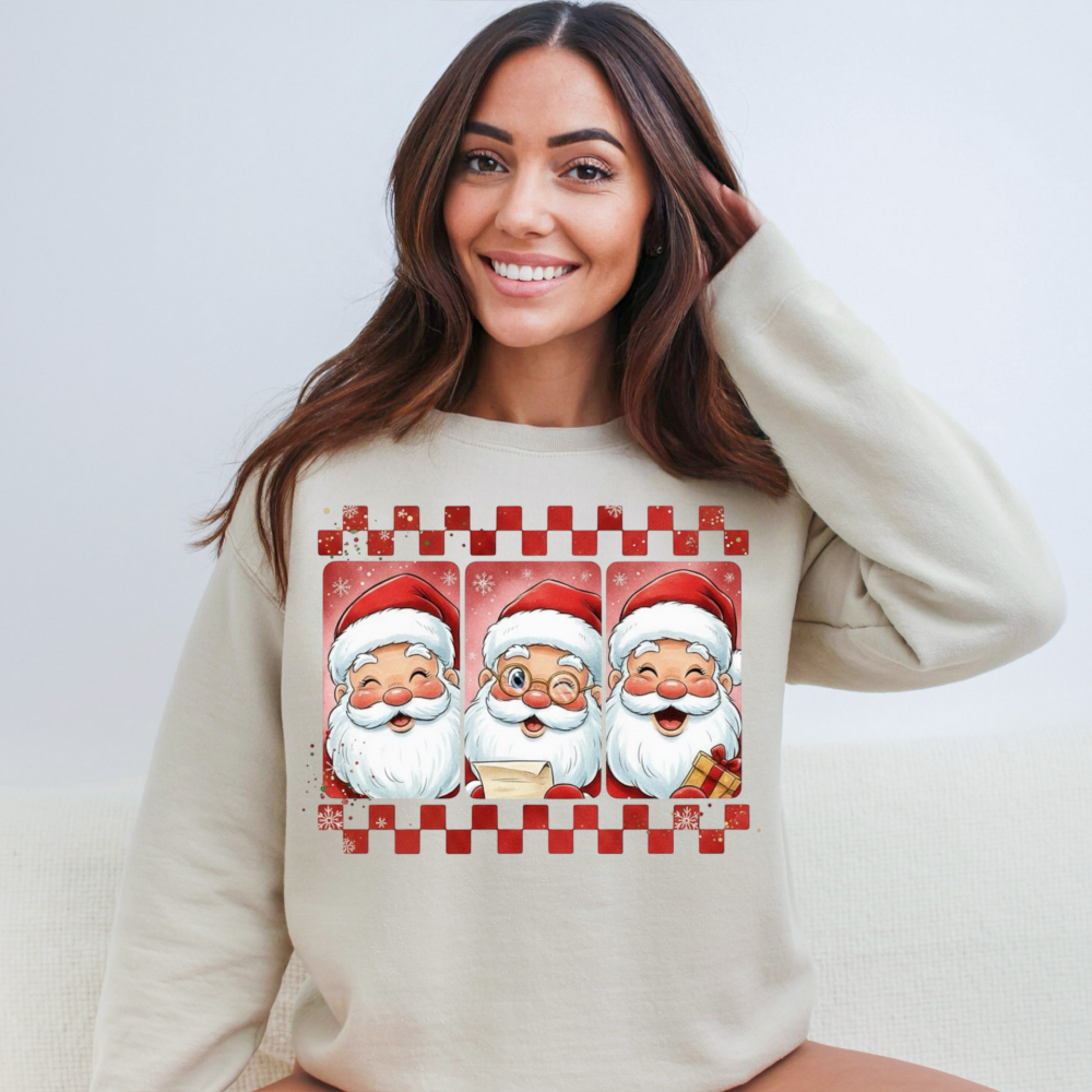 Three Jolly Santas Christmas Sweatshirt | Checkered Retro Holiday Crewneck