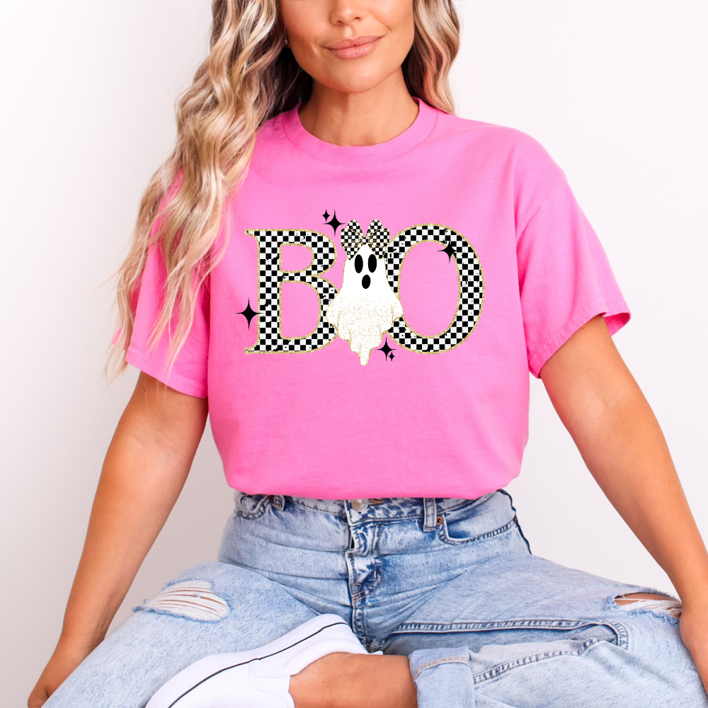 Trendy Pink Halloween T-Shirt | Cute Checkerboard Ghost "Boo" Graphic Tee
