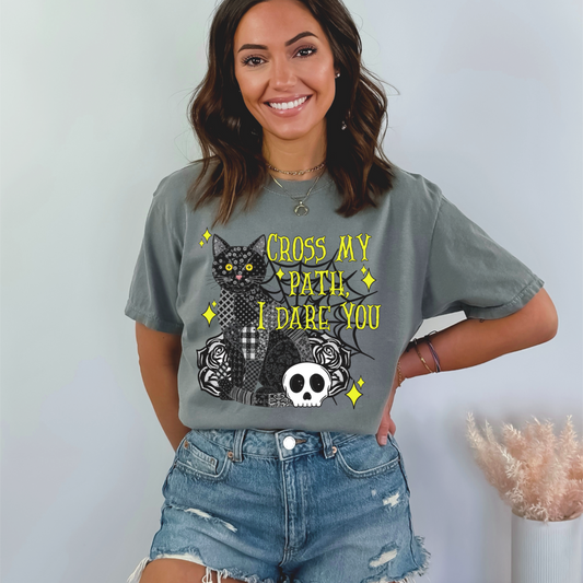 "Cross My Path I Dare You" T-Shirt | Black Cat Graphic Tee | Spooky Season Witchy Tee