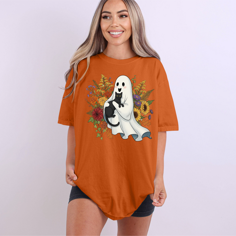 Vintage Ghost & Black Cat Floral Tee | Comfort Colors Style Autumn Shirt | Cute Halloween Gift