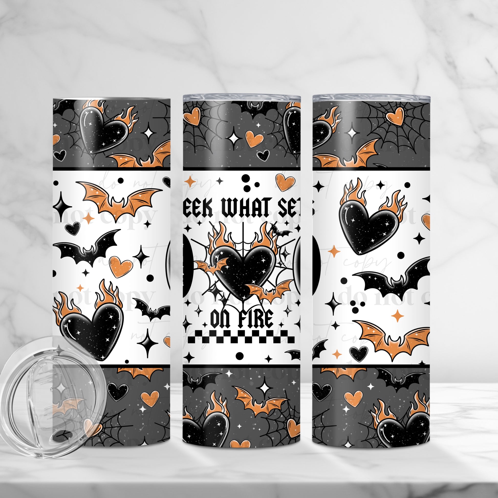 "Set Your Soul On Fire" Gothic Heart & Bat 20 oz Skinny Tumbler - Sublimated Stainless Steel