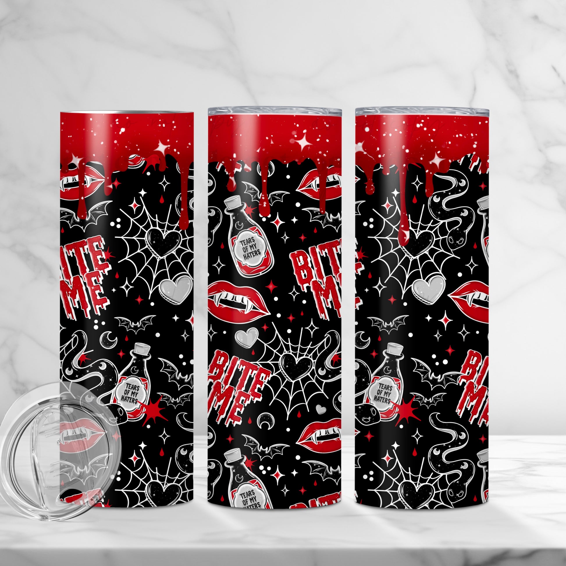 "Bite Me" Vampire Lips & Spiderweb 20 oz Skinny Tumbler - Sublimated Stainless Steel