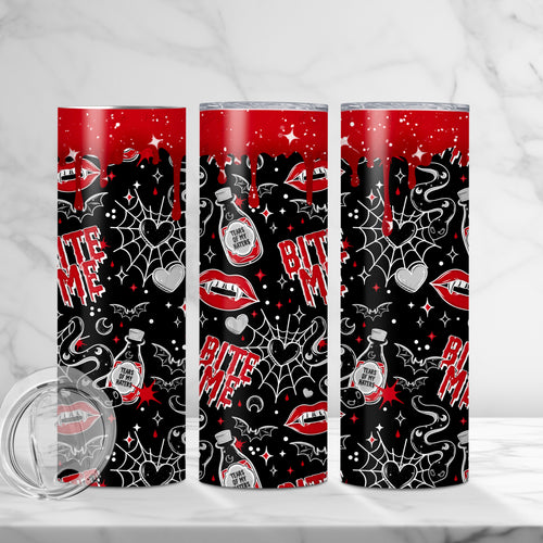 "Bite Me" Vampire Lips & Spiderweb 20 oz Skinny Tumbler - Sublimated Stainless Steel