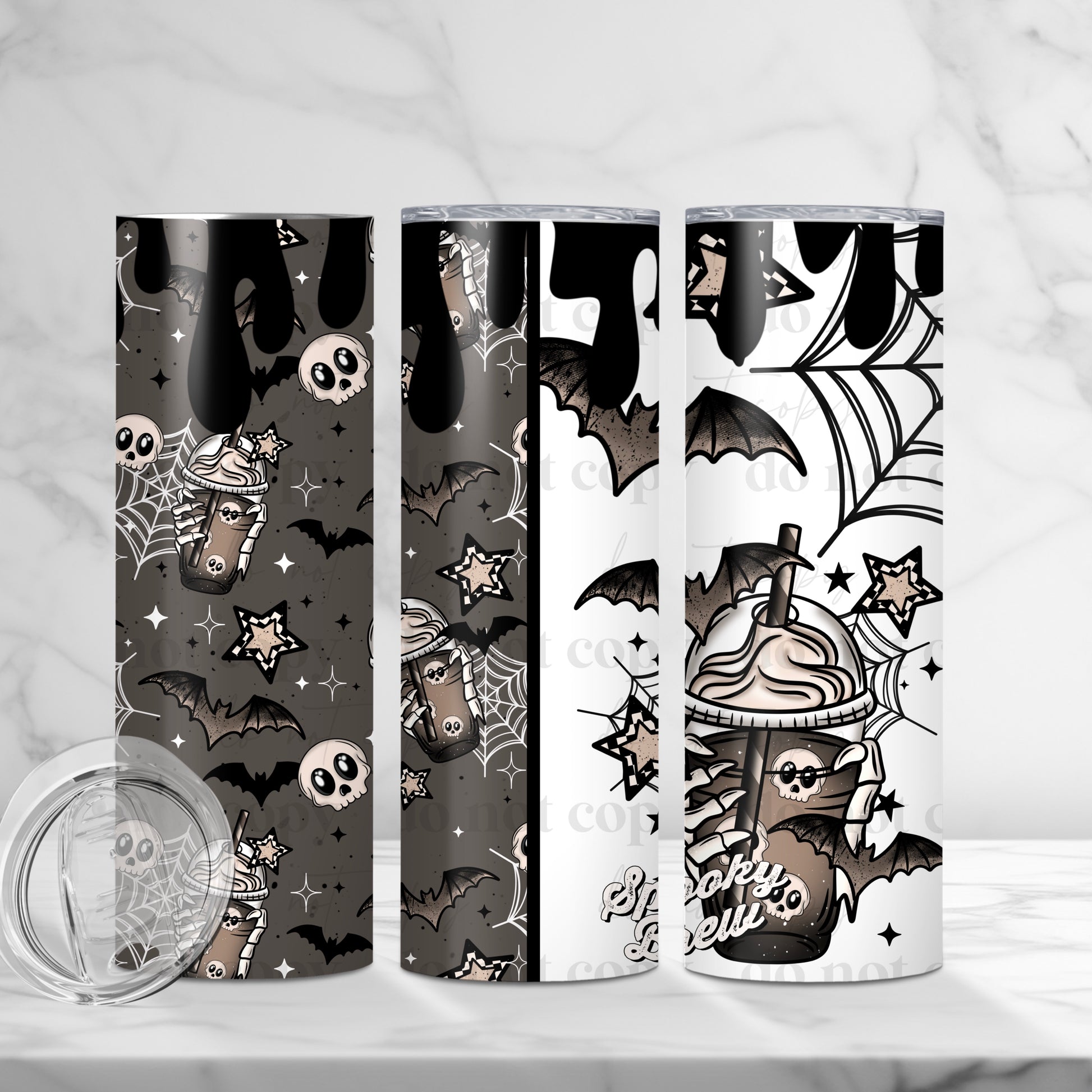 Spooky Brew Coffee Skull Halloween 20oz Tumbler | Iced Coffee Lover Gift | Goth Bats & Spiderwebs