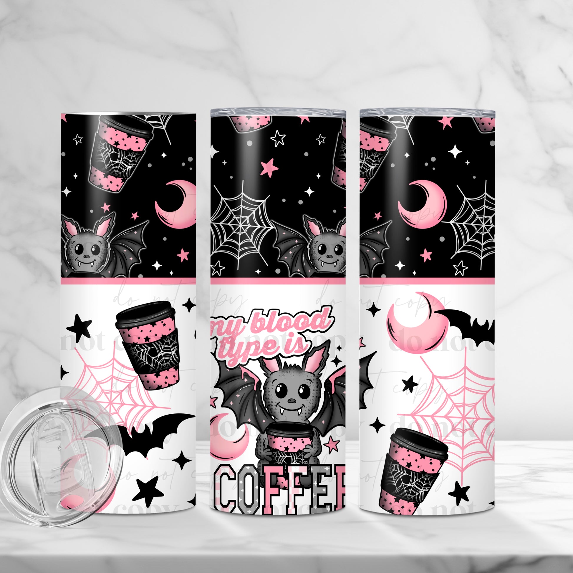 "My Blood Type Is Coffee" Bat & Pink Goth 20oz Skinny Tumbler - Spooky Coffee Lover Gift