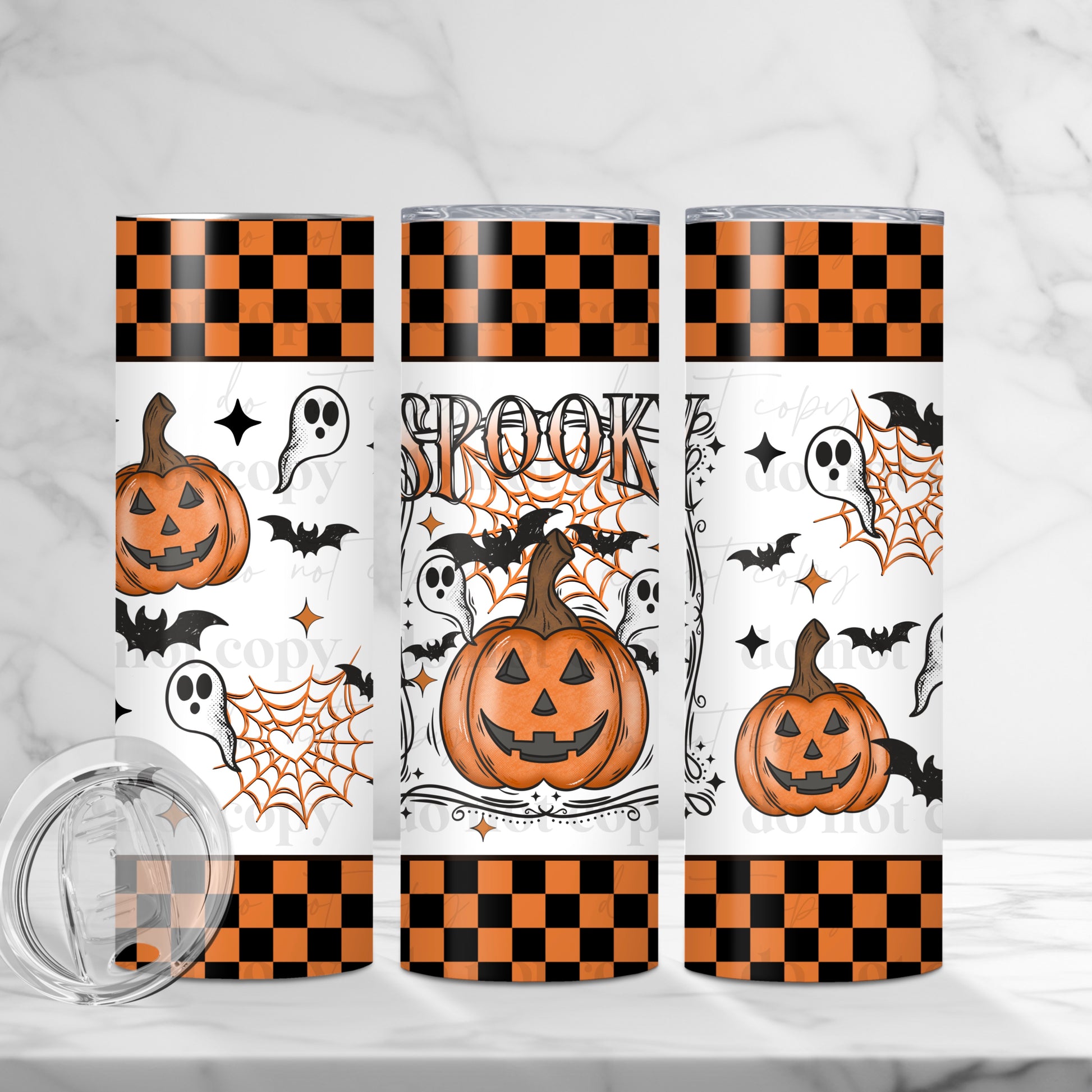 Spooky Vibes Halloween 20oz Skinny Tumbler - Checkered Pumpkin & Ghost Drinkware
