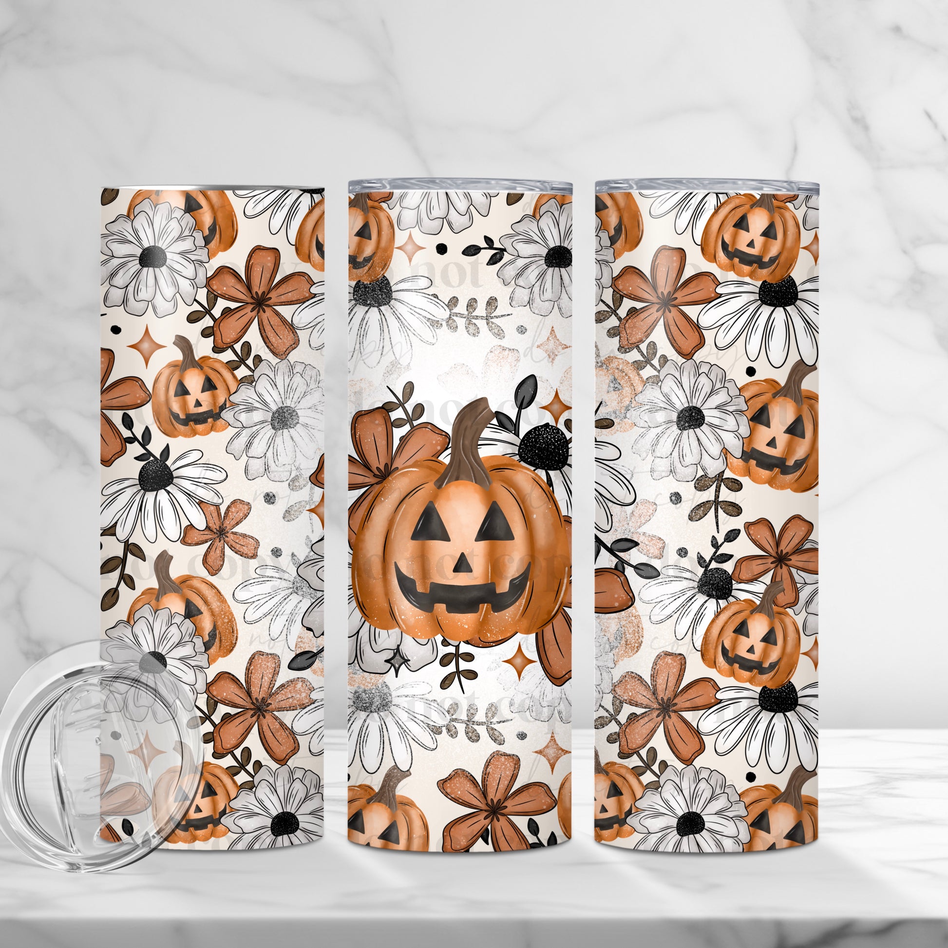 Enchanting Fall Floral Pumpkin 20oz Skinny Tumbler - Boho Halloween Daisy Sublimation Cup