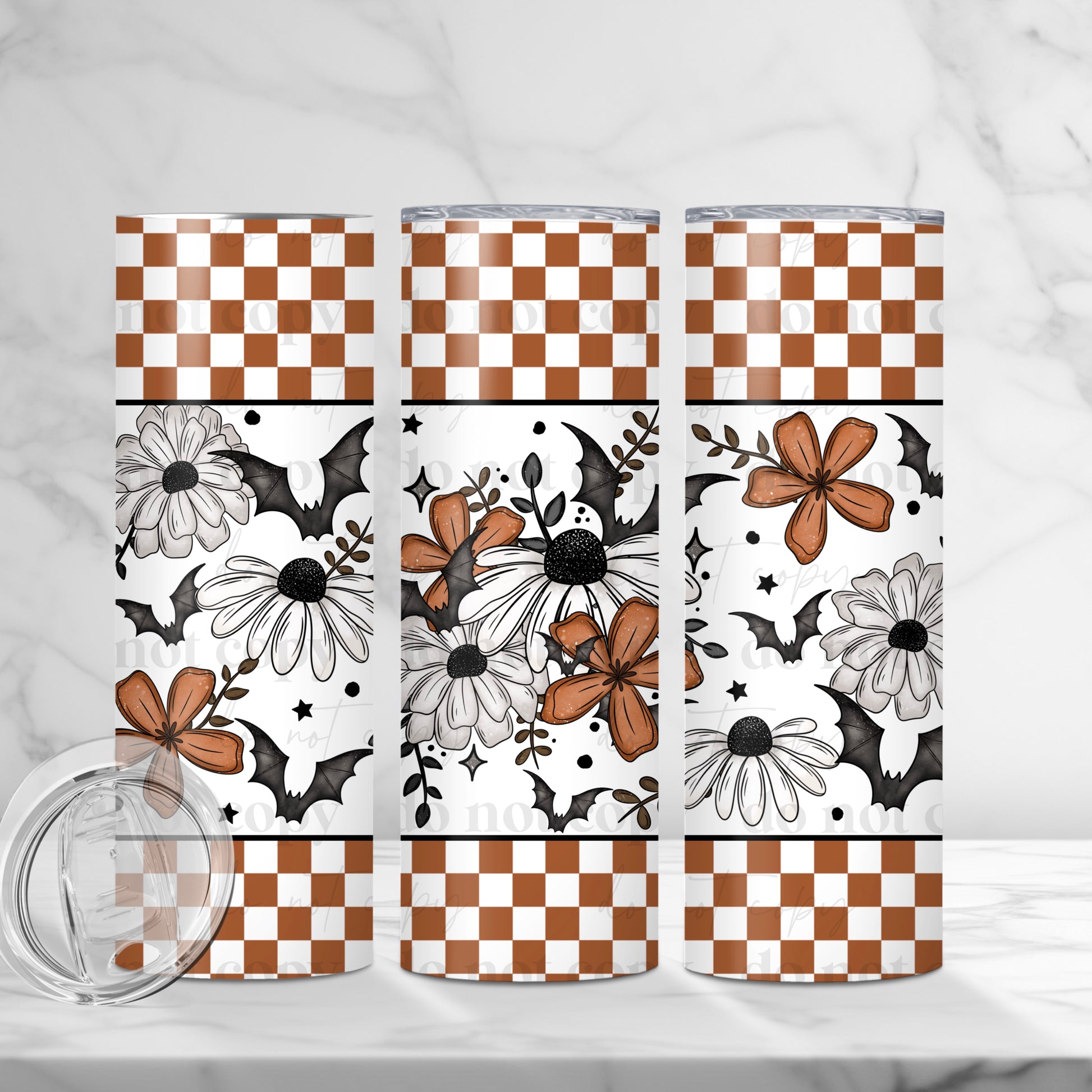 Autumn Bat & Floral 20oz Tumbler | Checkered Fall Vibes Cup