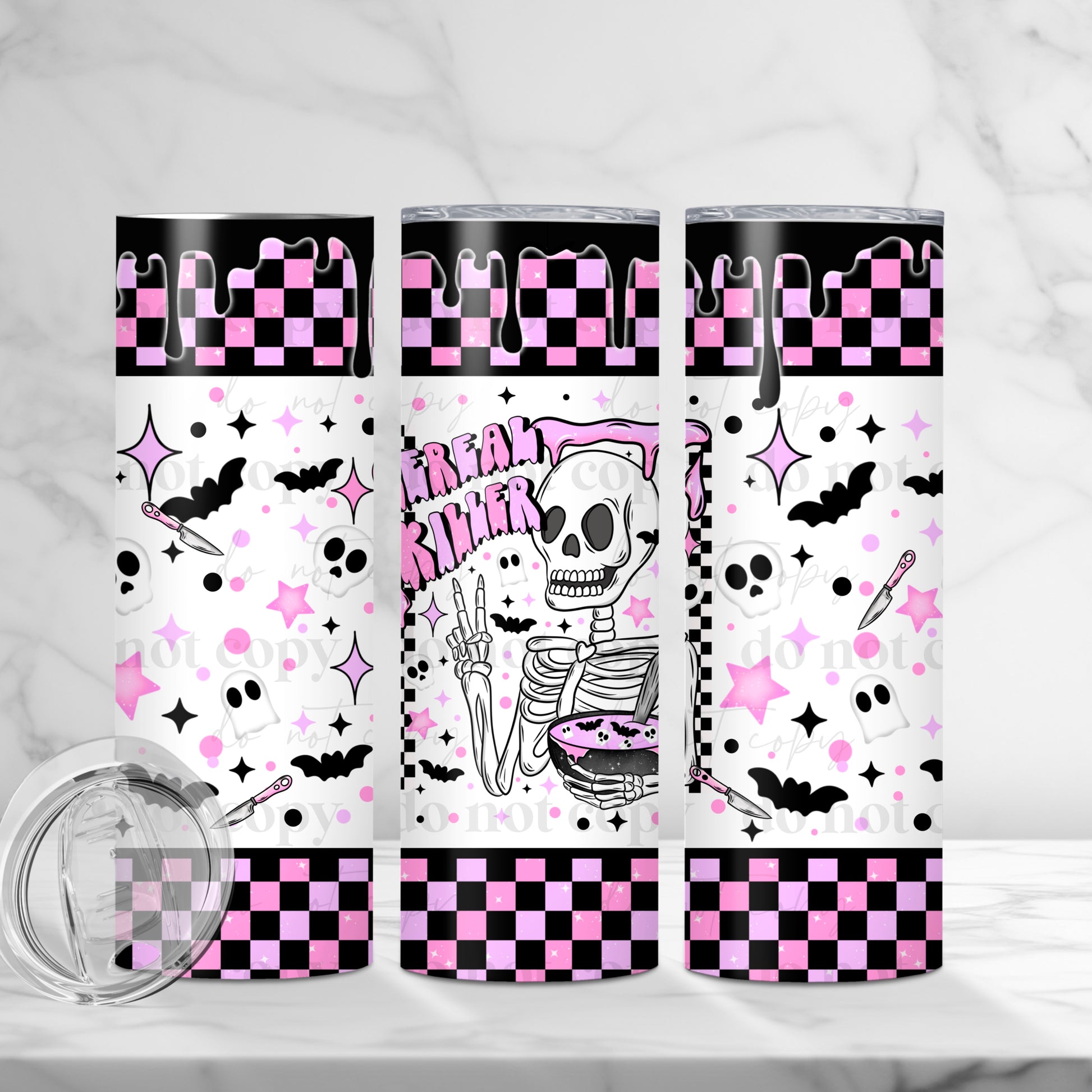 Pink & Black Checkerboard "Cereal Killer" 20oz Tumbler | Edgy Skeleton Cup