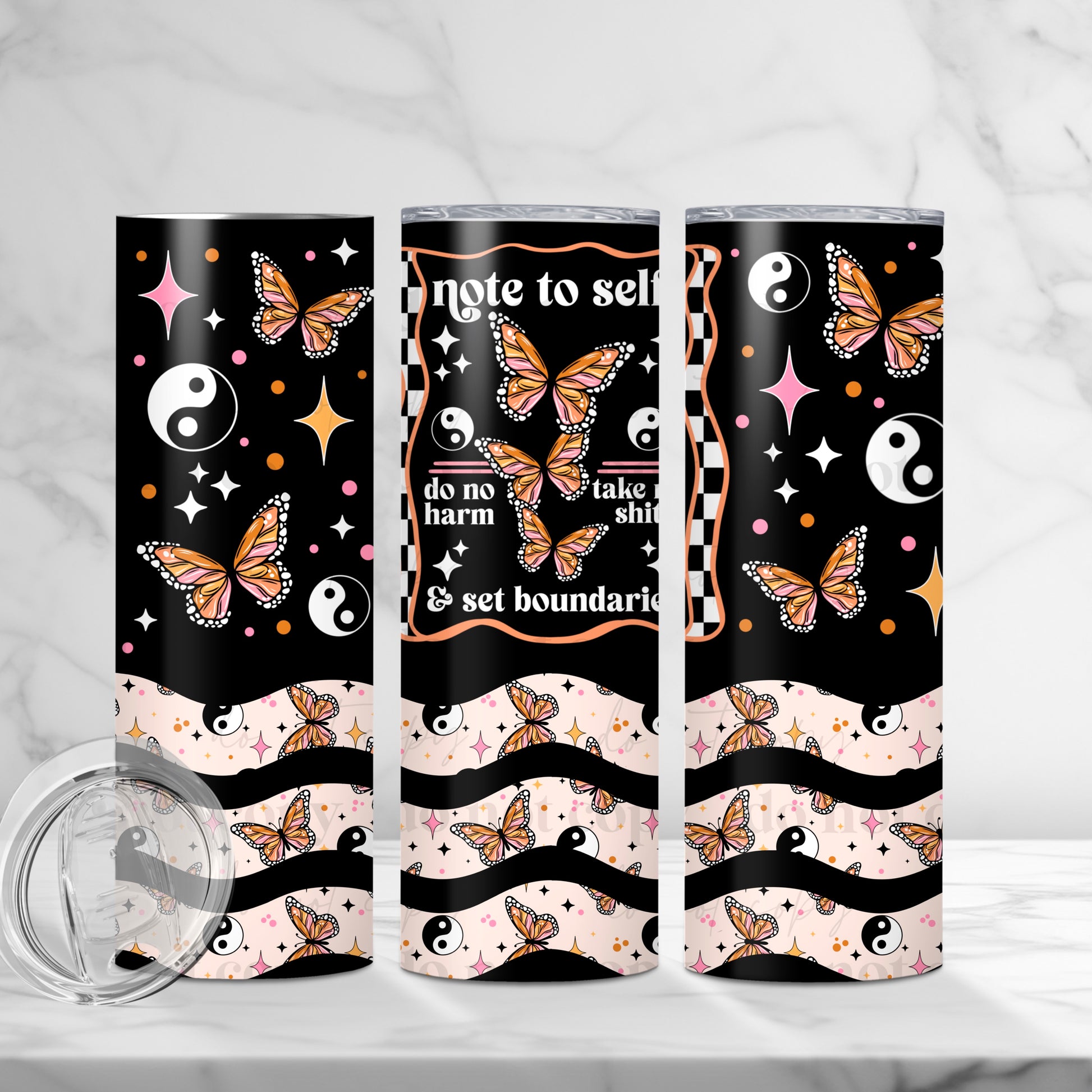 Empowering Butterfly Yin-Yang 20oz Tumbler | "Do No Harm" Motivational Cup