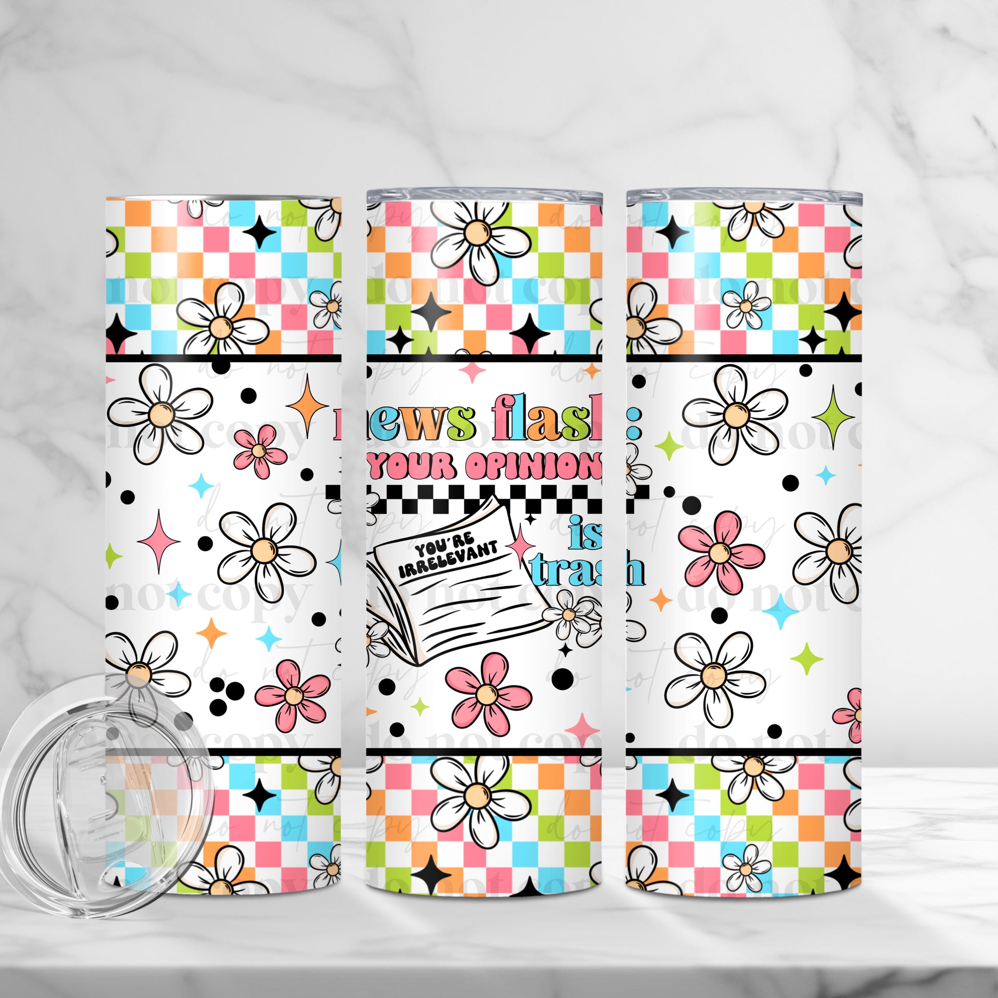 "Opinion is Irrelevant" Checkerboard 20oz Tumbler | Sarcastic News Flash Cup