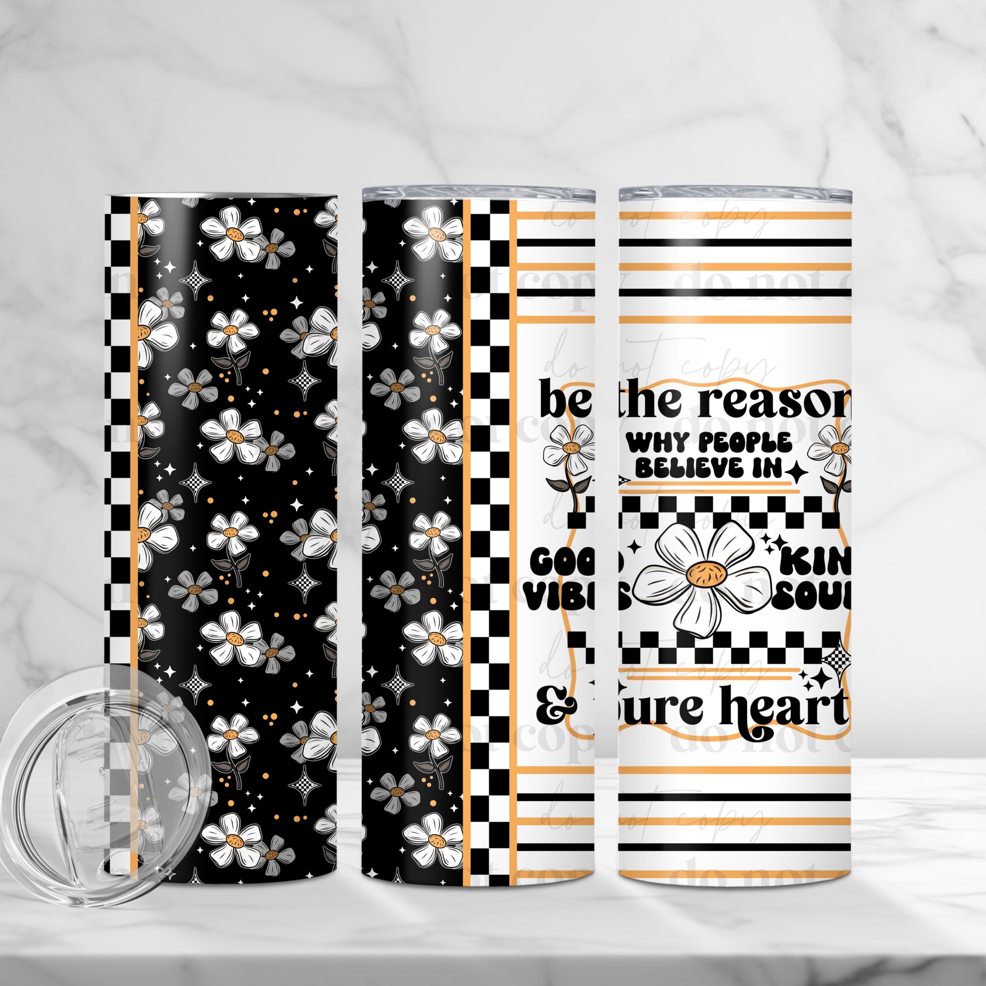 "Good Vibes" Checkerboard Floral 20oz Tumbler | Motivational Quote Cup
