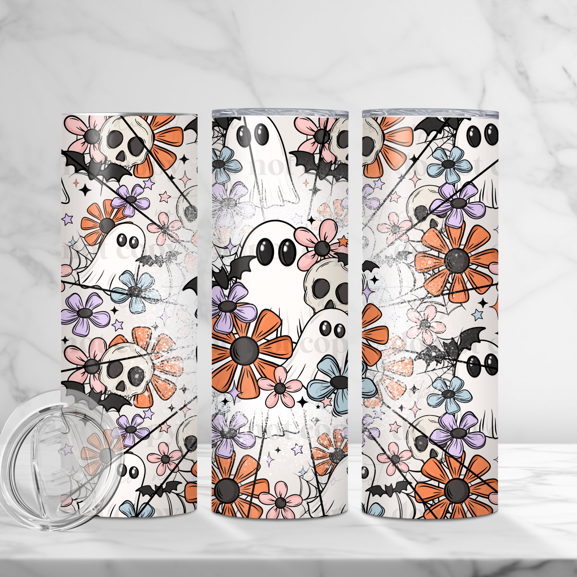 Boho Ghost & Skull Floral 20oz Tumbler | Spooky Cute Halloween Cup
