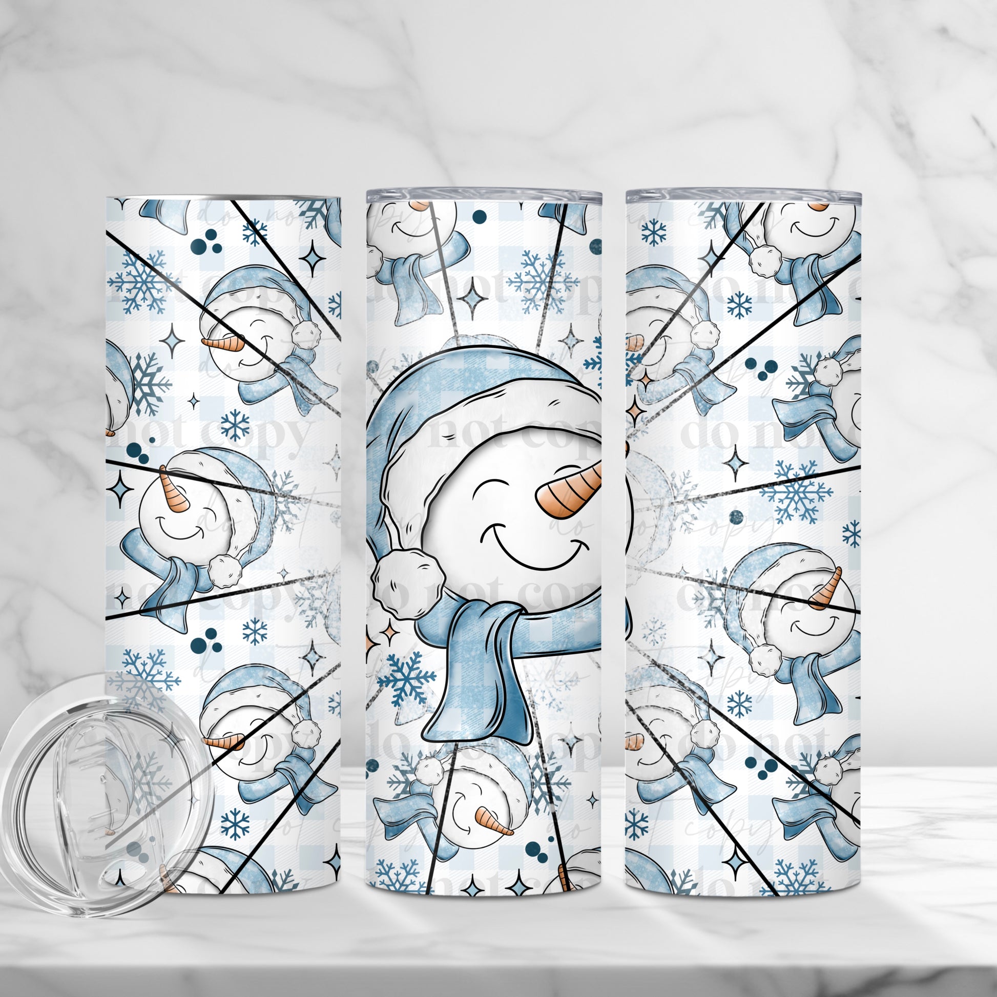 "Smiling Snowman" Blue Buffalo Plaid 20oz Sublimated Stainless Steel Winter Tumbler