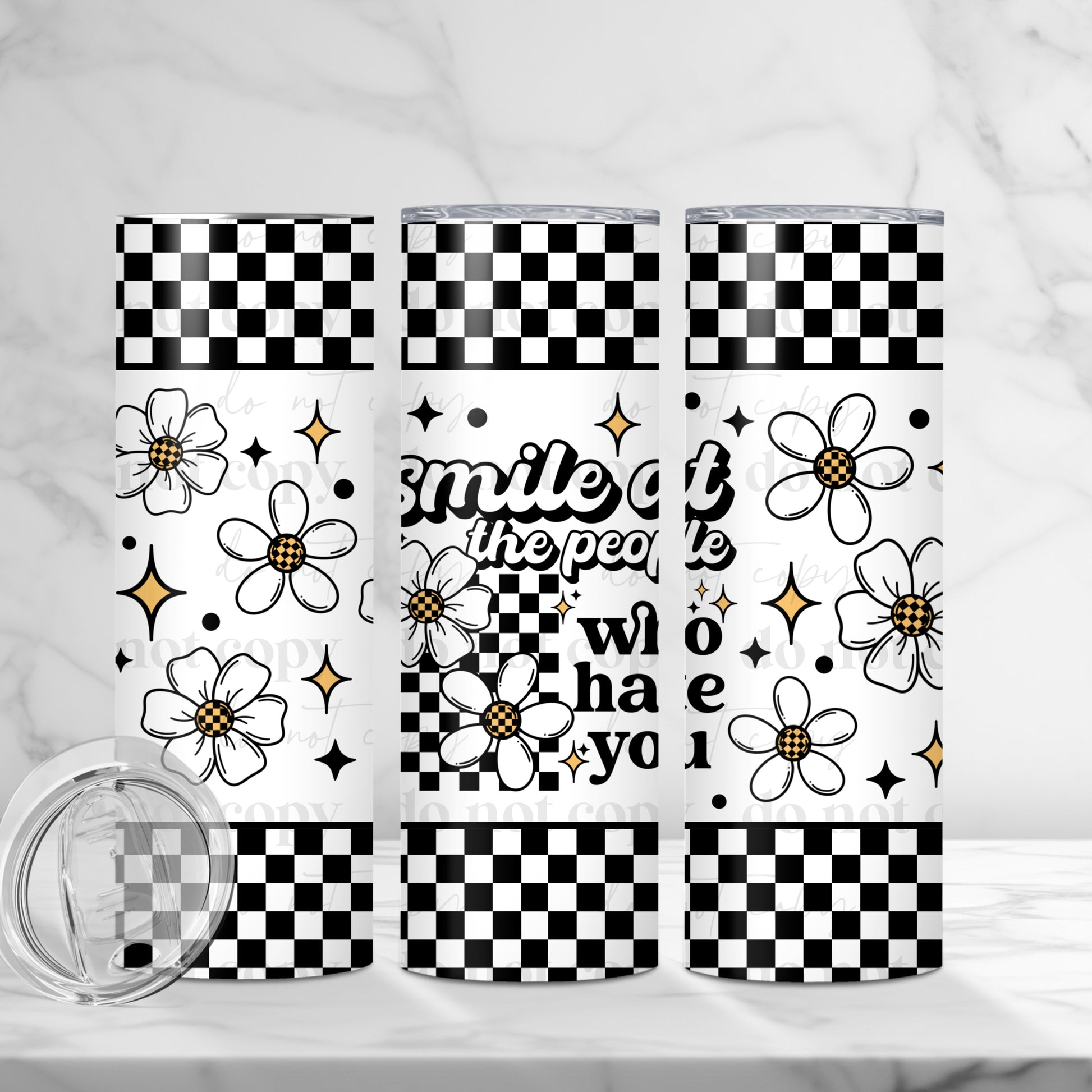 "Smile at the People" Daisy Checkerboard 20 oz Skinny Tumbler - Sublimated Stainless Steel Tumbler