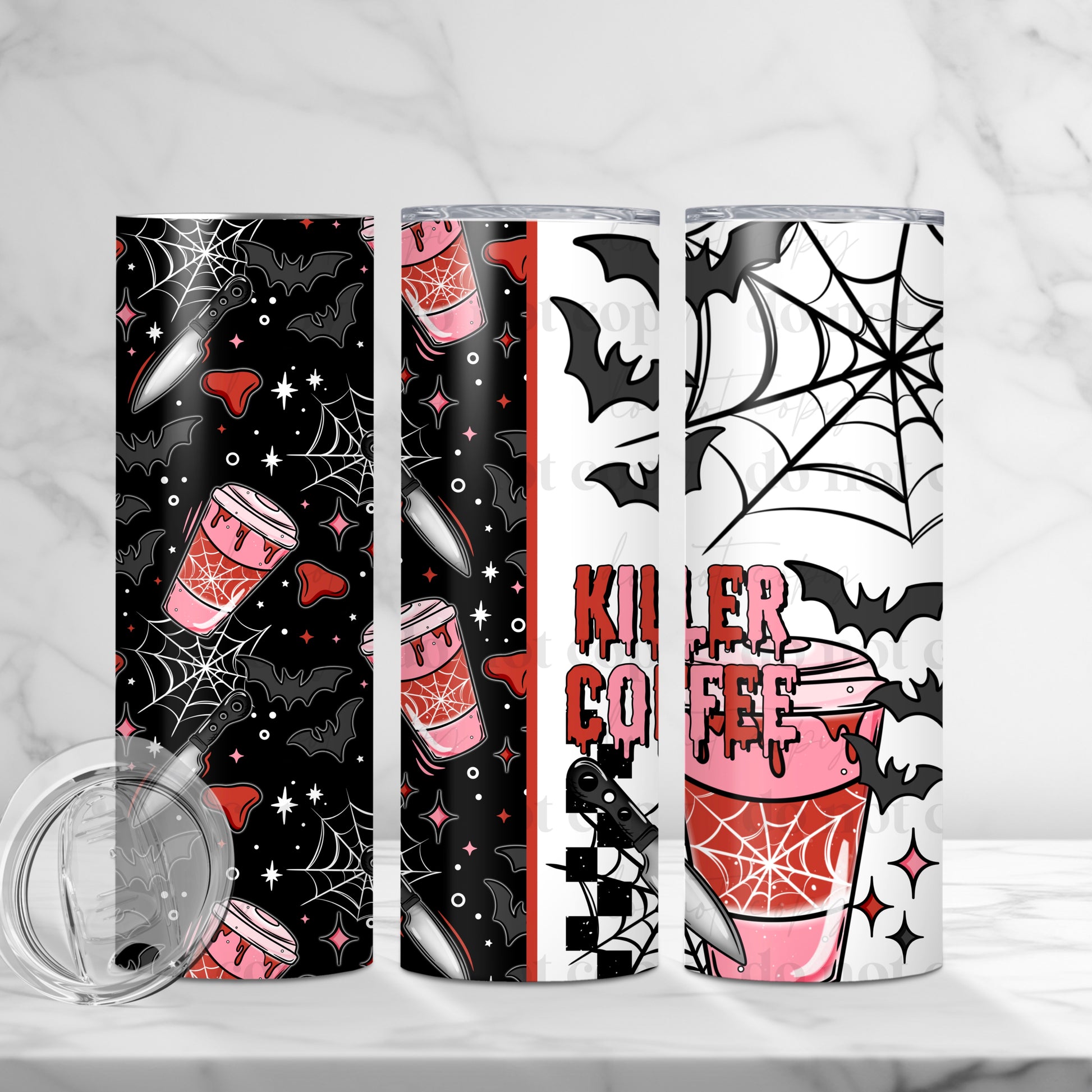"Killer Coffee" Horror & Goth 20oz Sublimated Stainless Steel Tumbler with Spiderwebs & Bats