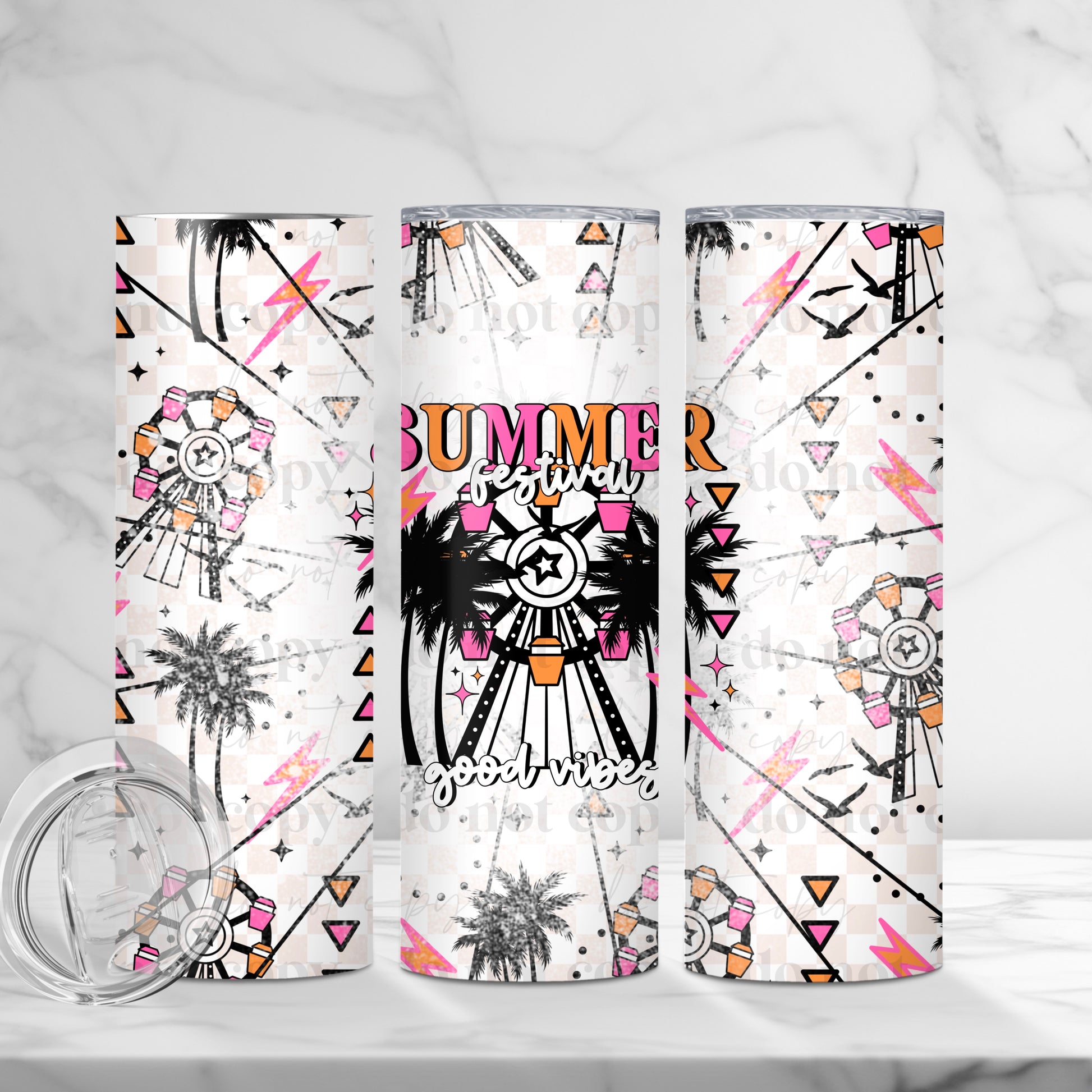 "Summer Festival Good Vibes" 20oz Sublimated Stainless Steel Tumbler with Ferris Wheel & Palm Trees