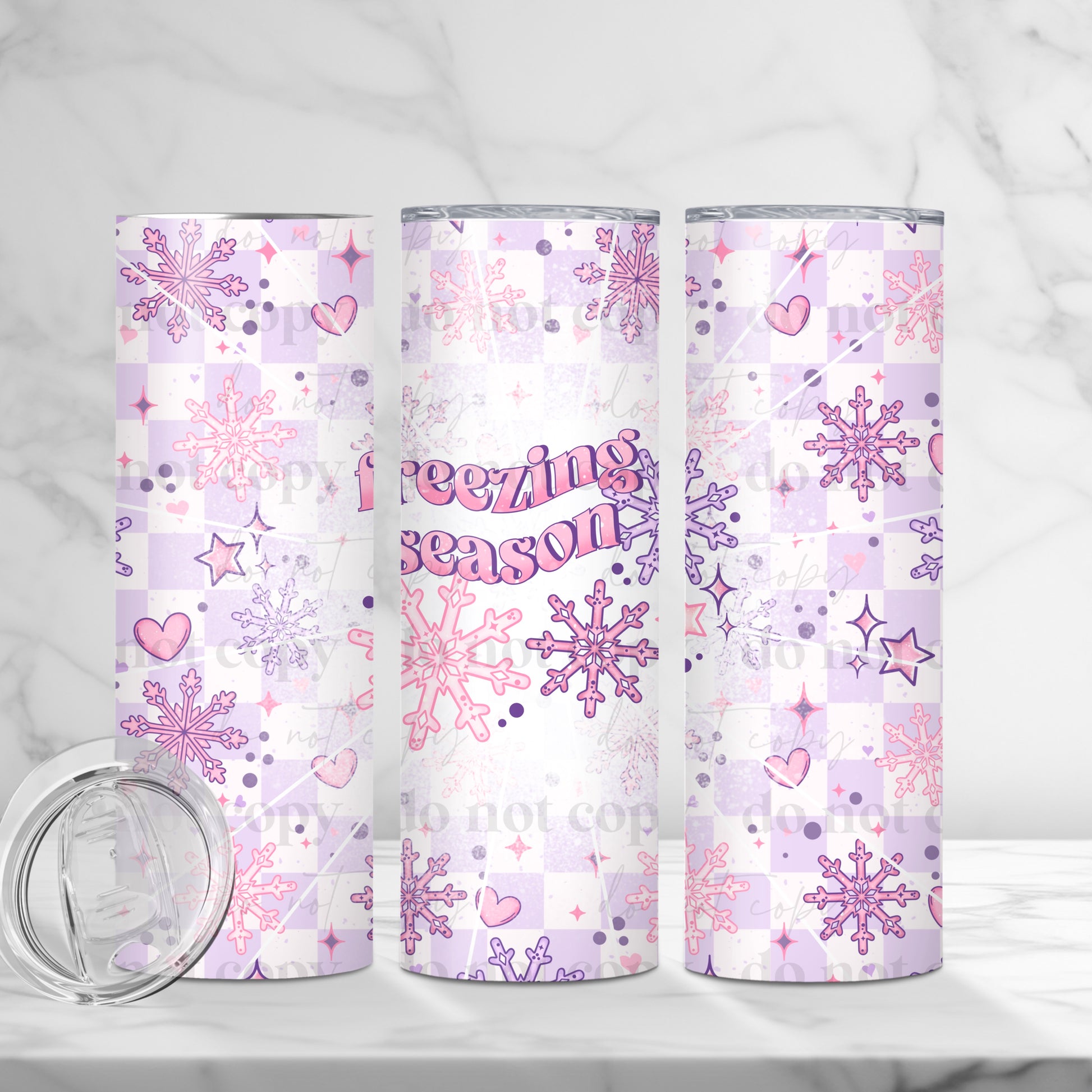 "Freezing Season" 20oz Sublimated Stainless Steel Snowflake & Winter Hearts Tumbler