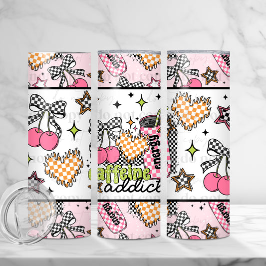 "Caffeine Addict" Pink Checkered 20oz Sublimated Energy Drink Tumbler
