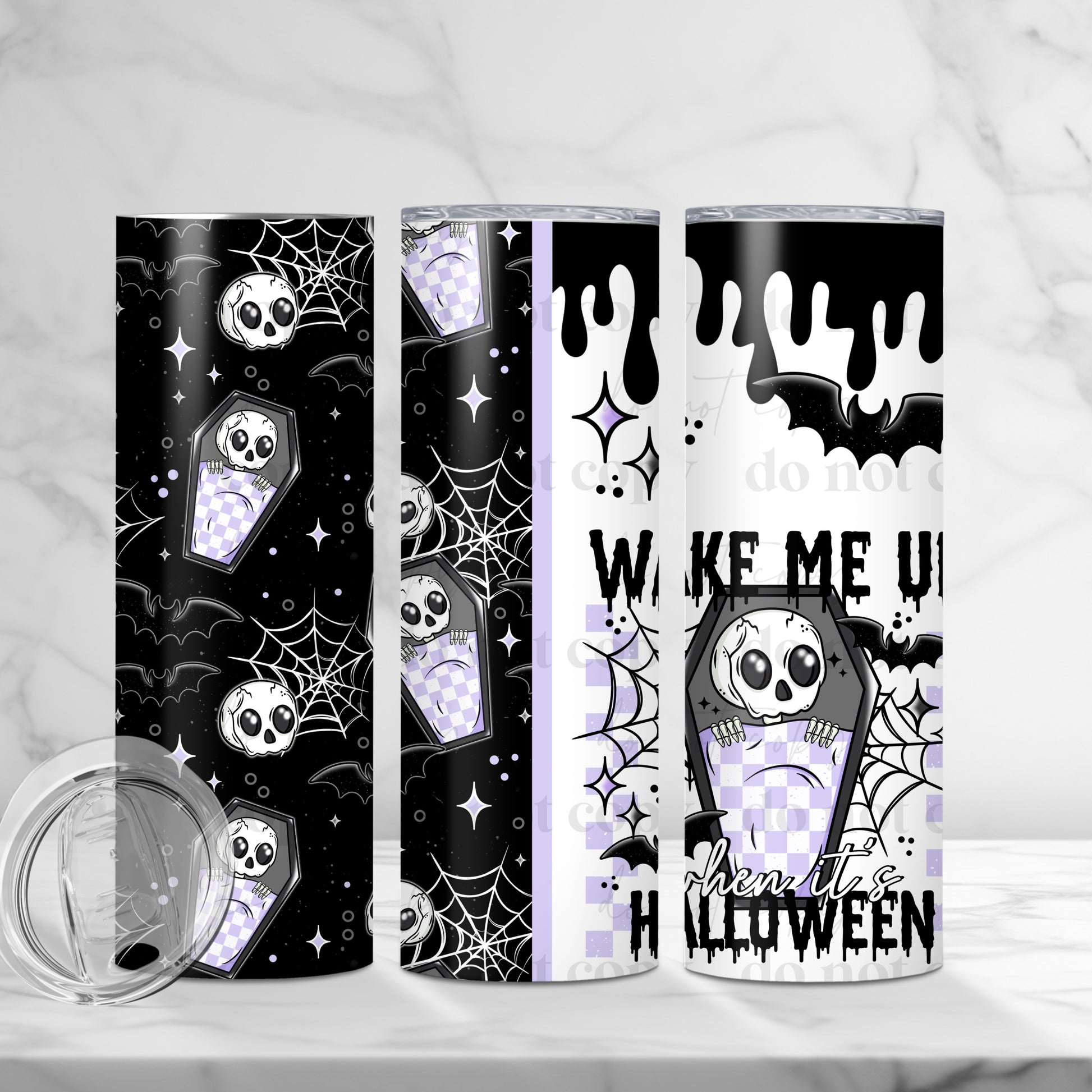 "Wake Me Up When It's Halloween" 20oz Sublimated Stainless Steel Coffin Skeleton Tumbler