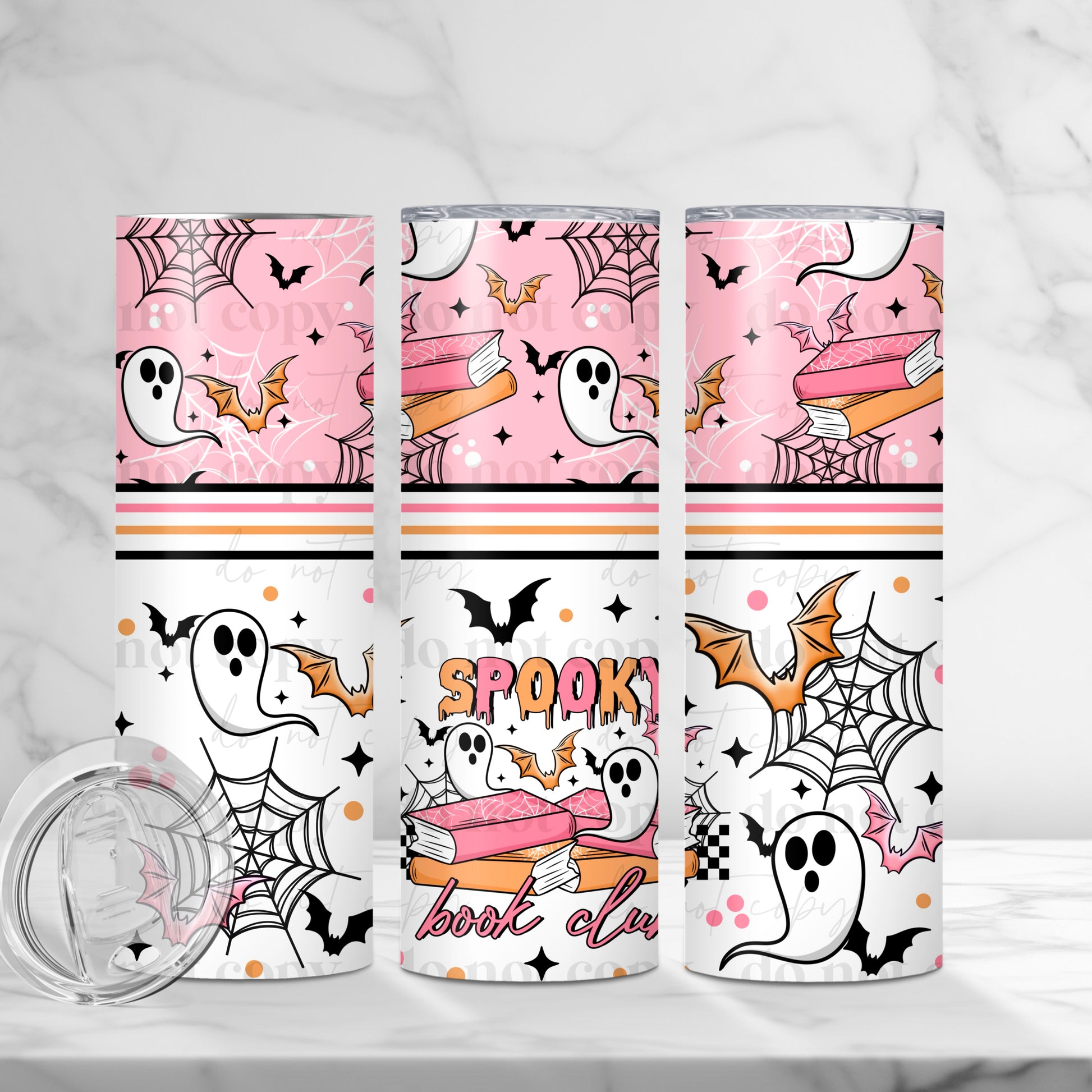 "Spooky Book Club" Pastel Pink Ghost & Bat 20 oz Skinny Tumbler - Sublimated Stainless Steel