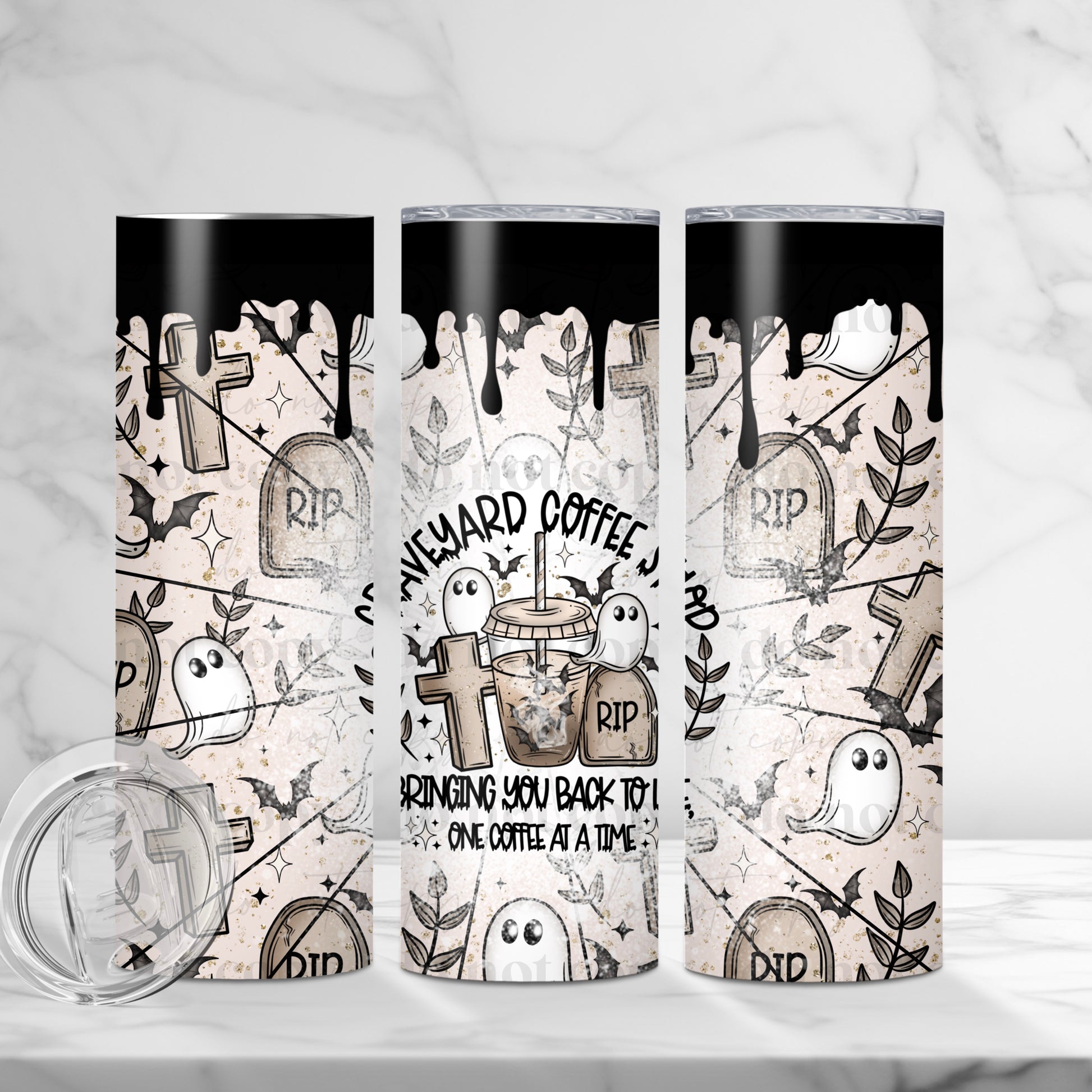 "Graveyard Coffee" Spooky Ghost & Tombstone 20 oz Skinny Tumbler - Sublimated Stainless Steel