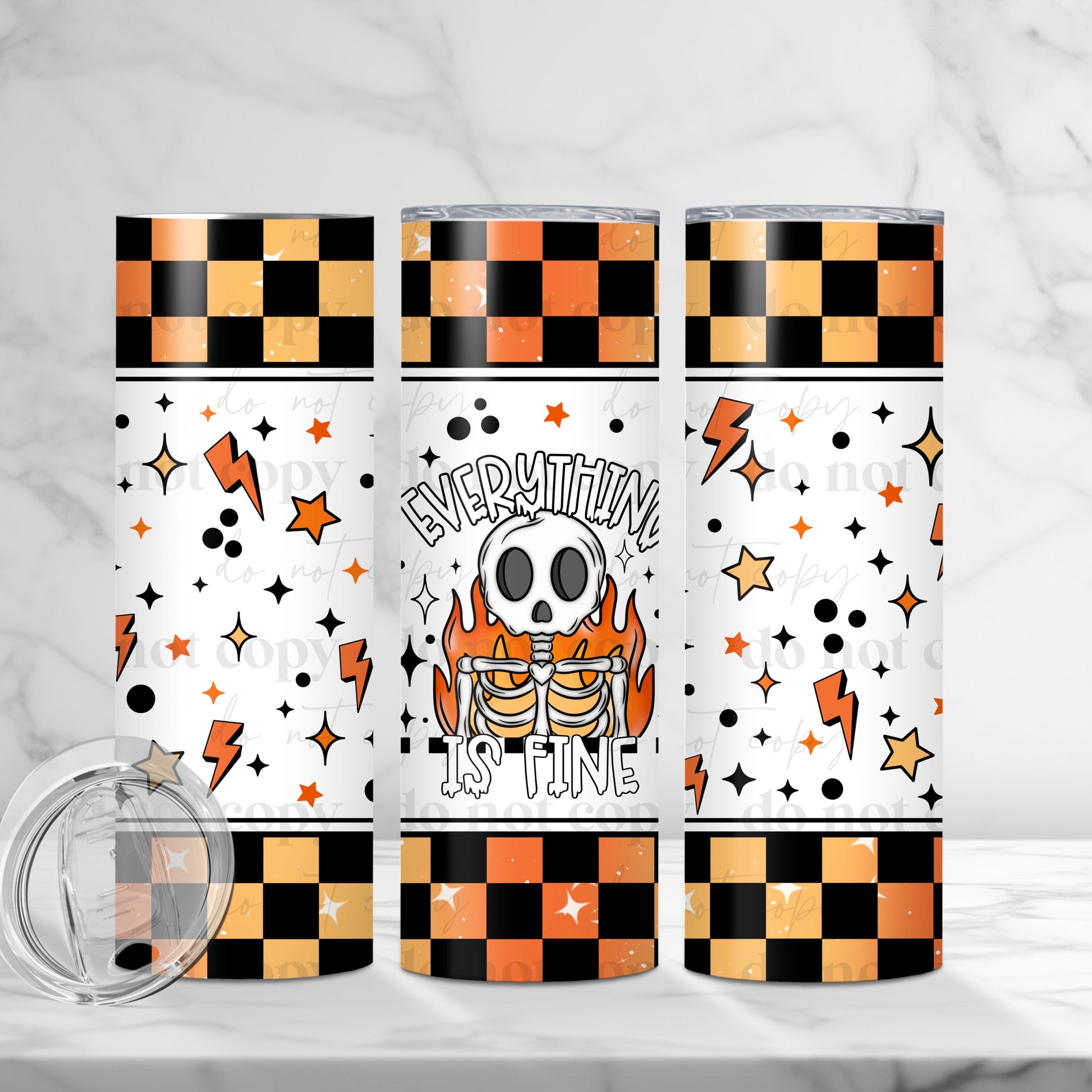 "Everything Is Fine" Skeleton Flames & Checkerboard 20 oz Skinny Tumbler - Sublimated Stainless Steel