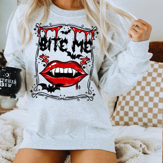"Bite Me" Vampire Lips Sweatshirt | Edgy Halloween Crewneck | Gothic Spooky Season Apparel | Funny Sarcastic Pullover