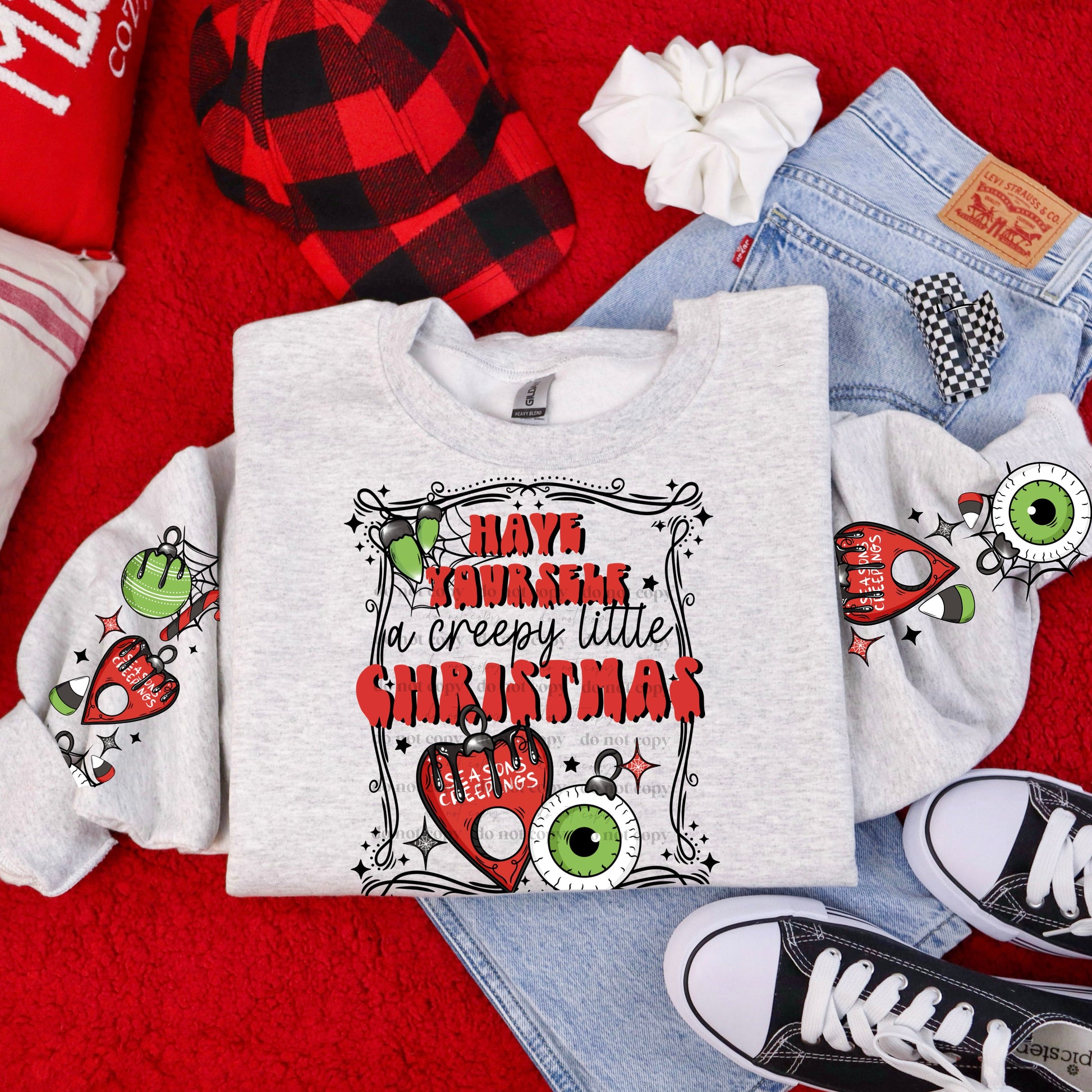 Creepy Little Christmas Sweatshirt | Spooky Holiday Crewneck | Goth Christmas Apparel | Alternative Xmas Gift | Eyeball Ornament Skull Heart Shirt | Unisex Gildan/Hanes