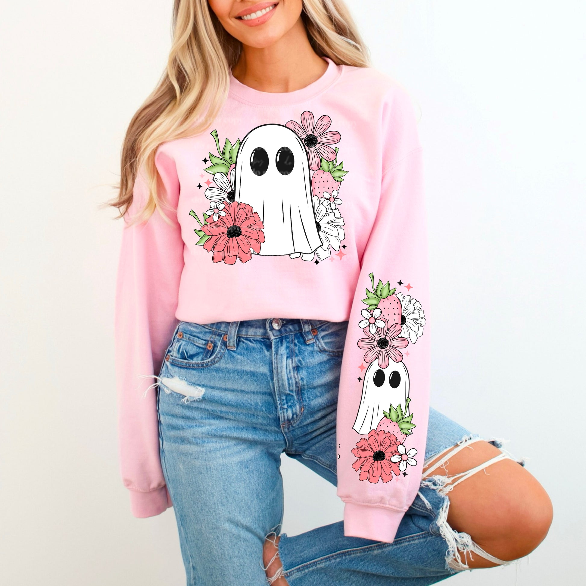 Cute Ghost & Flowers Sweatshirt | Pink Spooky Season Crewneck | Pastel Halloween Aesthetic | Whimsical Floral Ghost Pullover | Unisex Gildan/Hanes