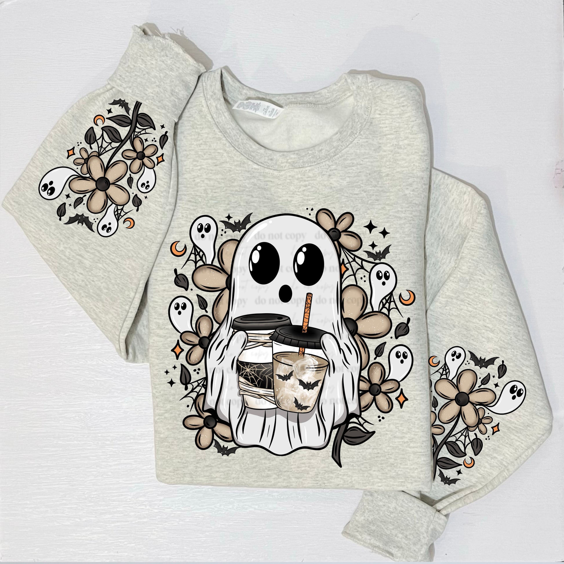 Cozy Ghost & Coffee Sweatshirt | Spooky Fall Drink Crewneck | Halloween Coffee Lover Apparel | Whimsical Ghost & Floral Pullover | Unisex Light Gray