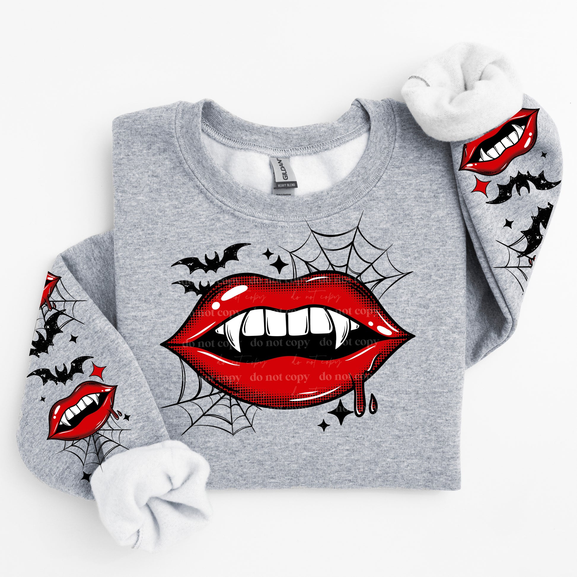 Vampire Lips & Fangs Sweatshirt | Gothic Halloween Crewneck | Spooky Glam Apparel | Bloody Kiss Statement Tee | Unisex Ash Gray / Black