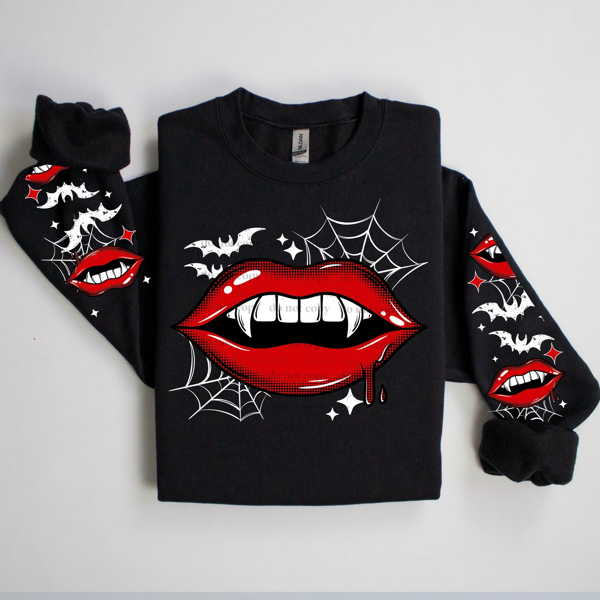 Vampire Lips & Fangs Sweatshirt | Gothic Halloween Crewneck | Spooky Glam Apparel | Bloody Kiss Statement Tee | Unisex Ash Gray / Black