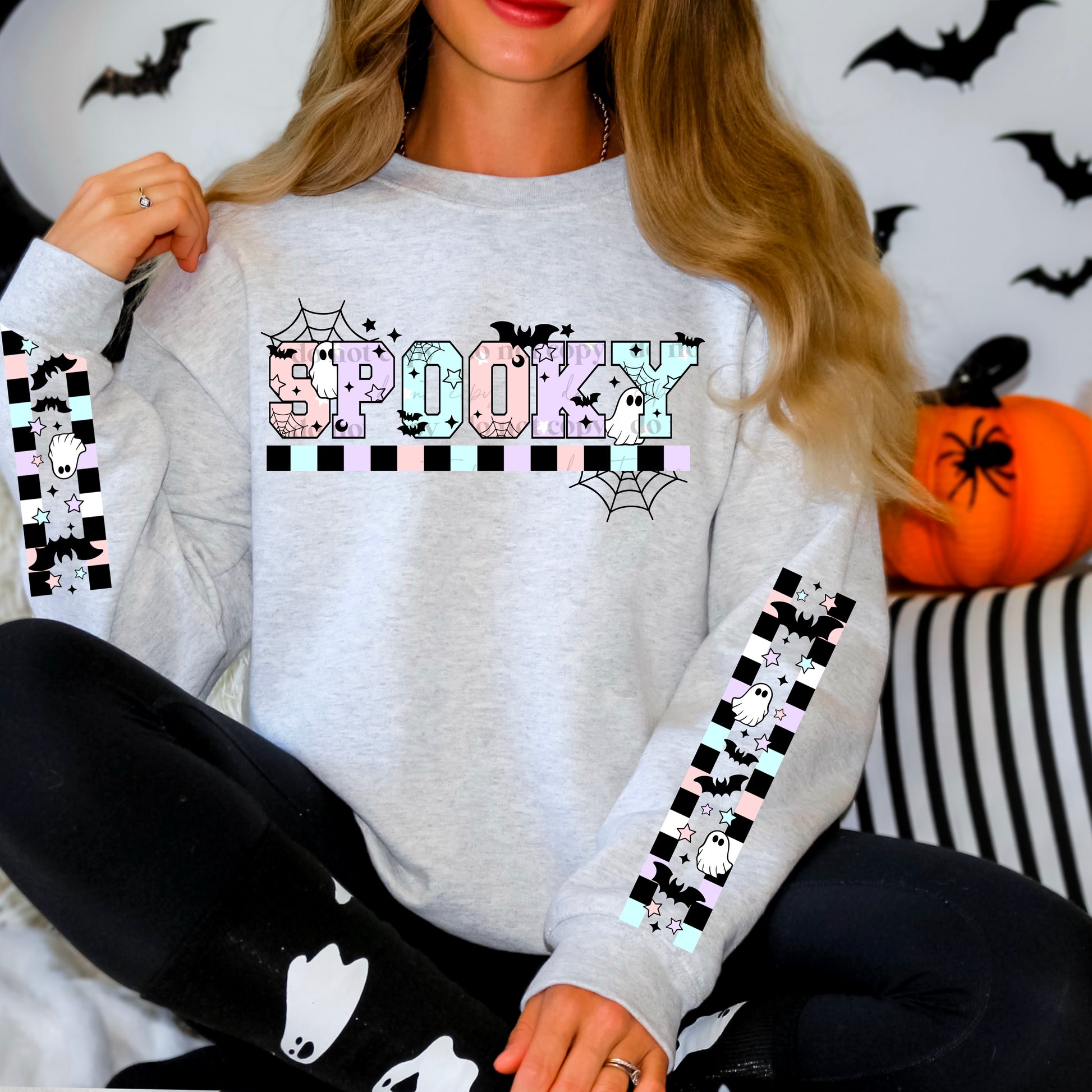 "SPOOKY" Pastel Checkered Sweatshirt | Cute Goth Halloween Crewneck | Aesthetic Spooky Season Apparel | Kawaii Ghosts & Bats Pullover | Unisex Light Gray