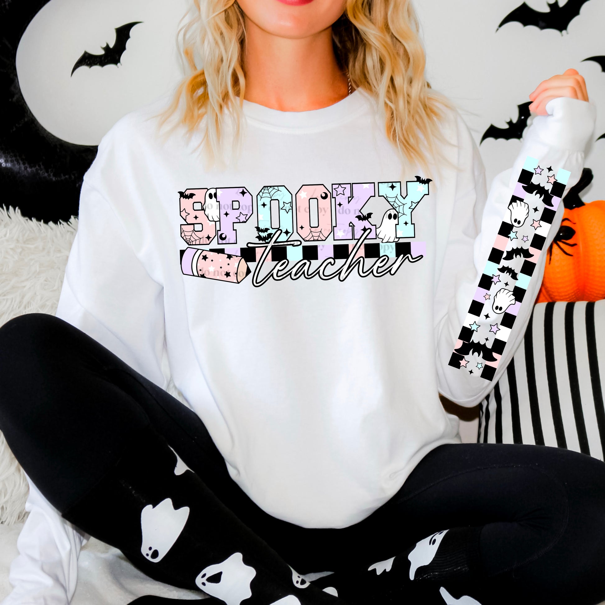 "SPOOKY Teacher" Sweatshirt | Halloween Teacher Appreciation Gift | Pastel Goth Spooky Crewneck | Cute Spooky Season Educator Shirt | Unisex White