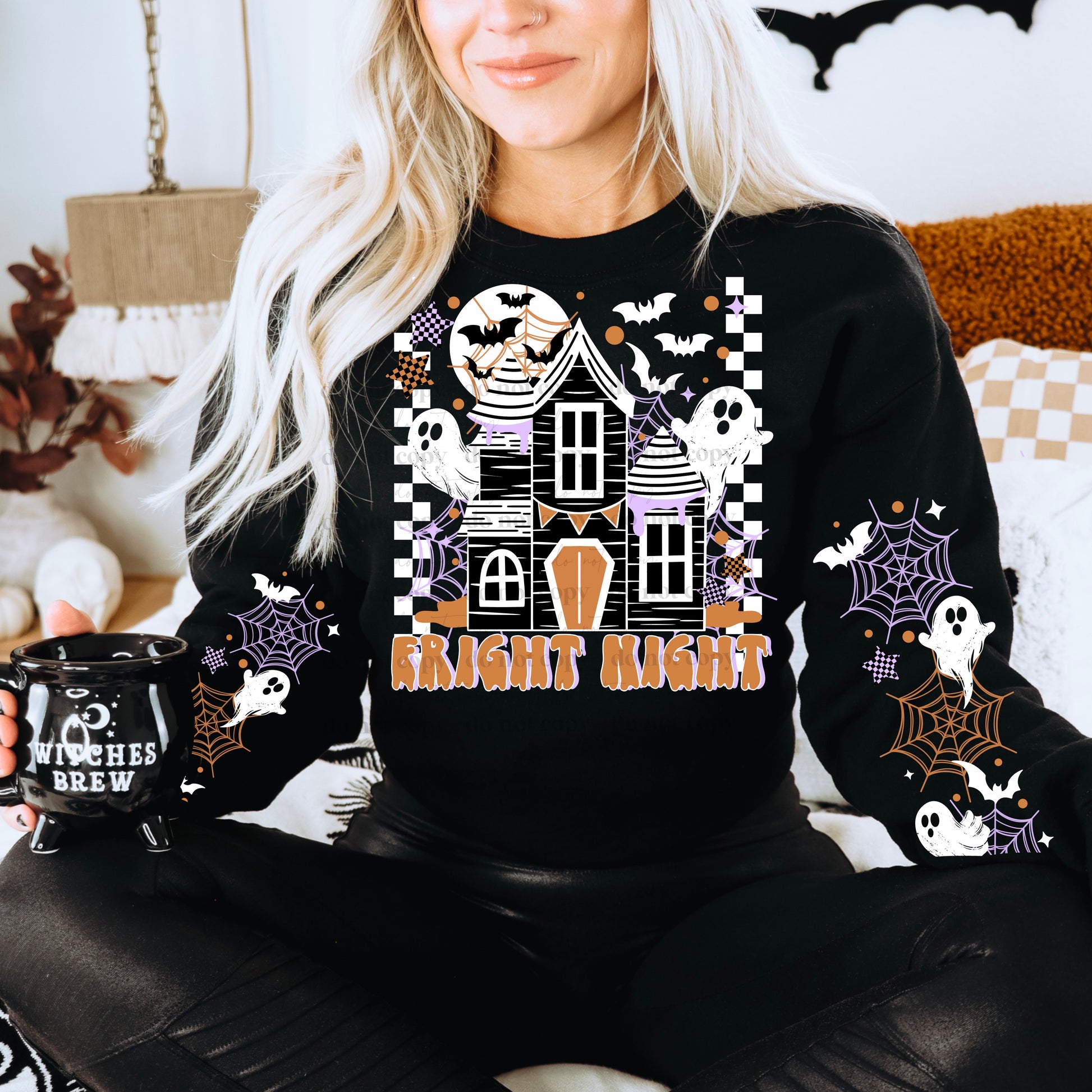 "Fright Night" Haunted House Sweatshirt | Classic Halloween Crewneck | Spooky Ghosts & Bats Apparel | Checkered Haunted House Pullover | Unisex Black