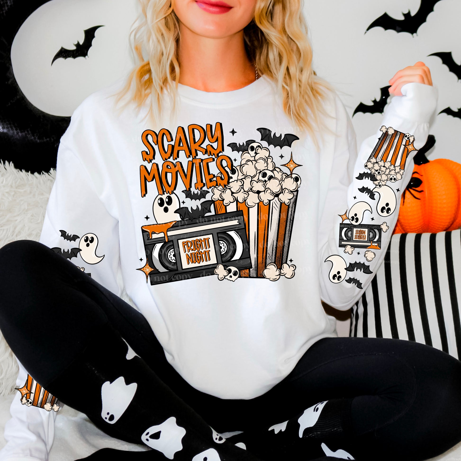 "Scary Movies" Sweatshirt | Horror Movie Night Crewneck | Halloween Popcorn & VHS Tape Apparel | Spooky Film Lover Gift | Unisex White