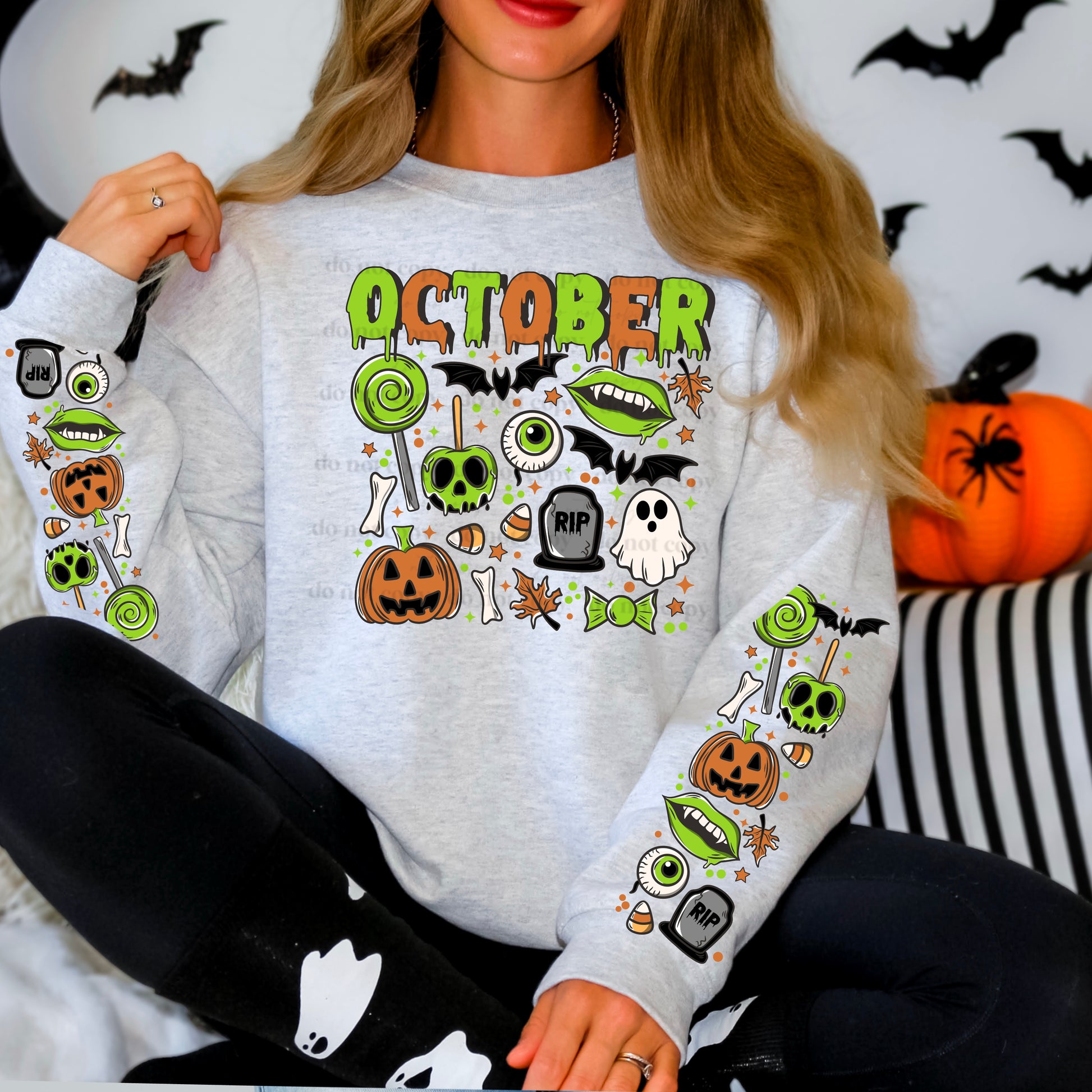 "OCTOBER" Halloween Icons Sweatshirt | Festive Spooky Season Crewneck | Candy & Skulls Fall Apparel | Cute Halloween Month Tee | Unisex Gray