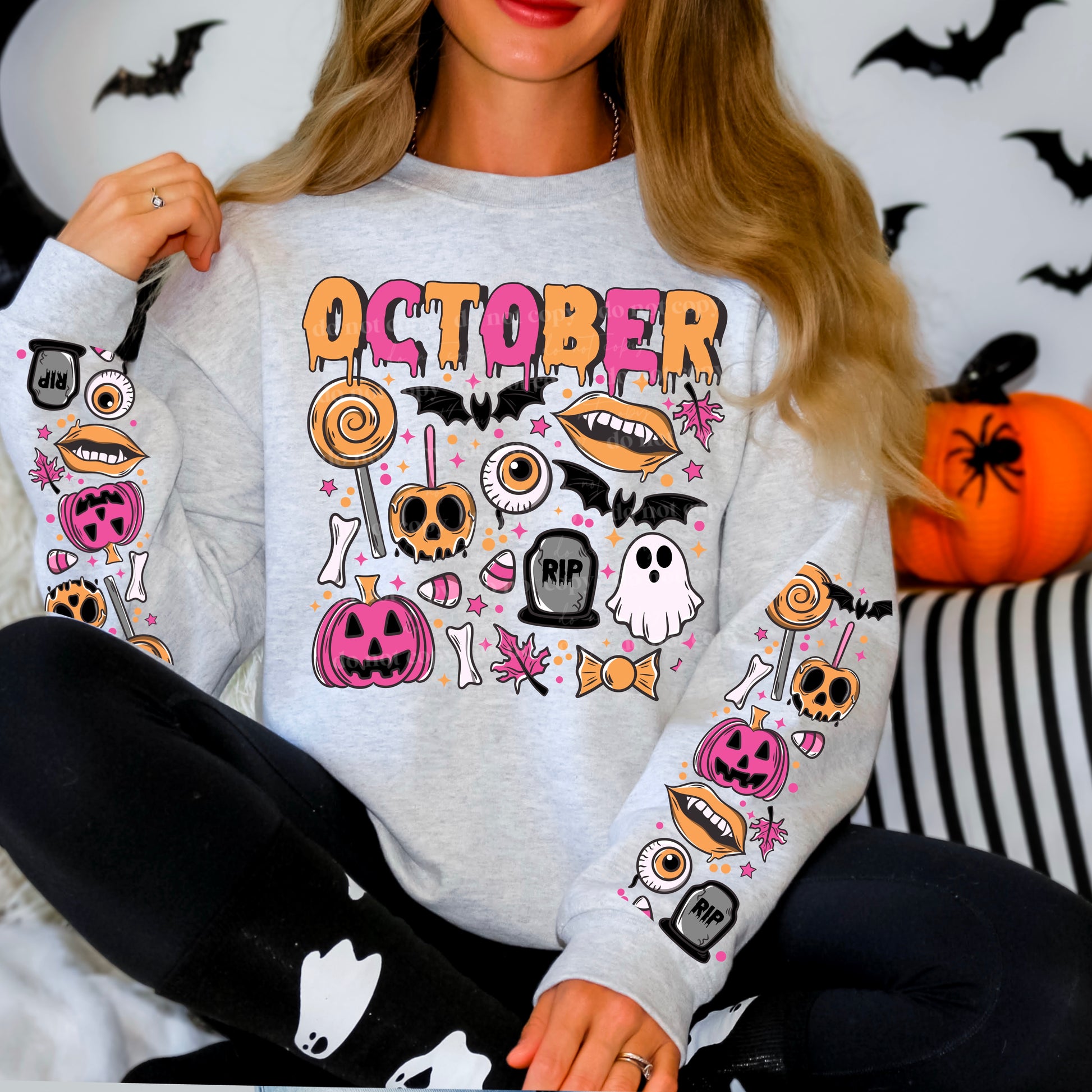 "OCTOBER" Halloween Icons Sweatshirt | Festive Spooky Season Crewneck | Candy & Skulls Fall Apparel | Cute Halloween Month Tee | Unisex Gray