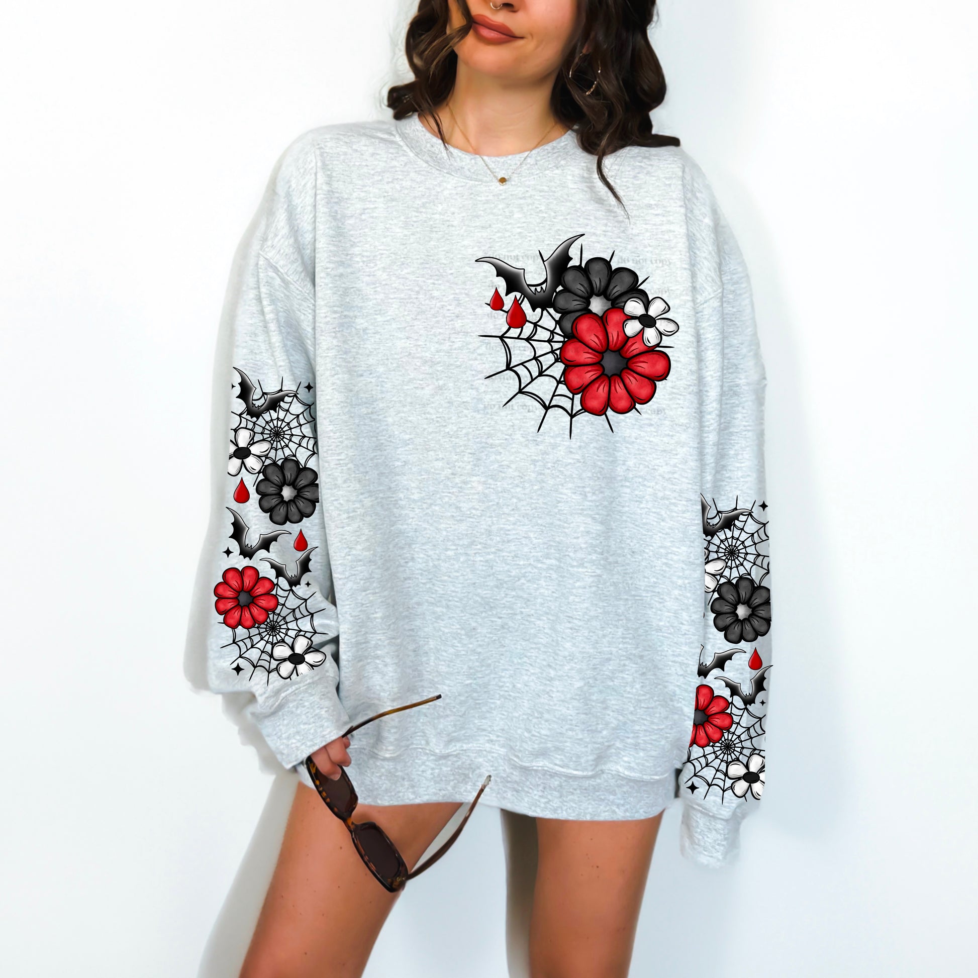 Gothic Floral & Spiderweb Sweatshirt | Spooky Flower & Bat Crewneck | Dark Aesthetic Apparel | Tattoo Style Floral Pullover | Unisex Gray