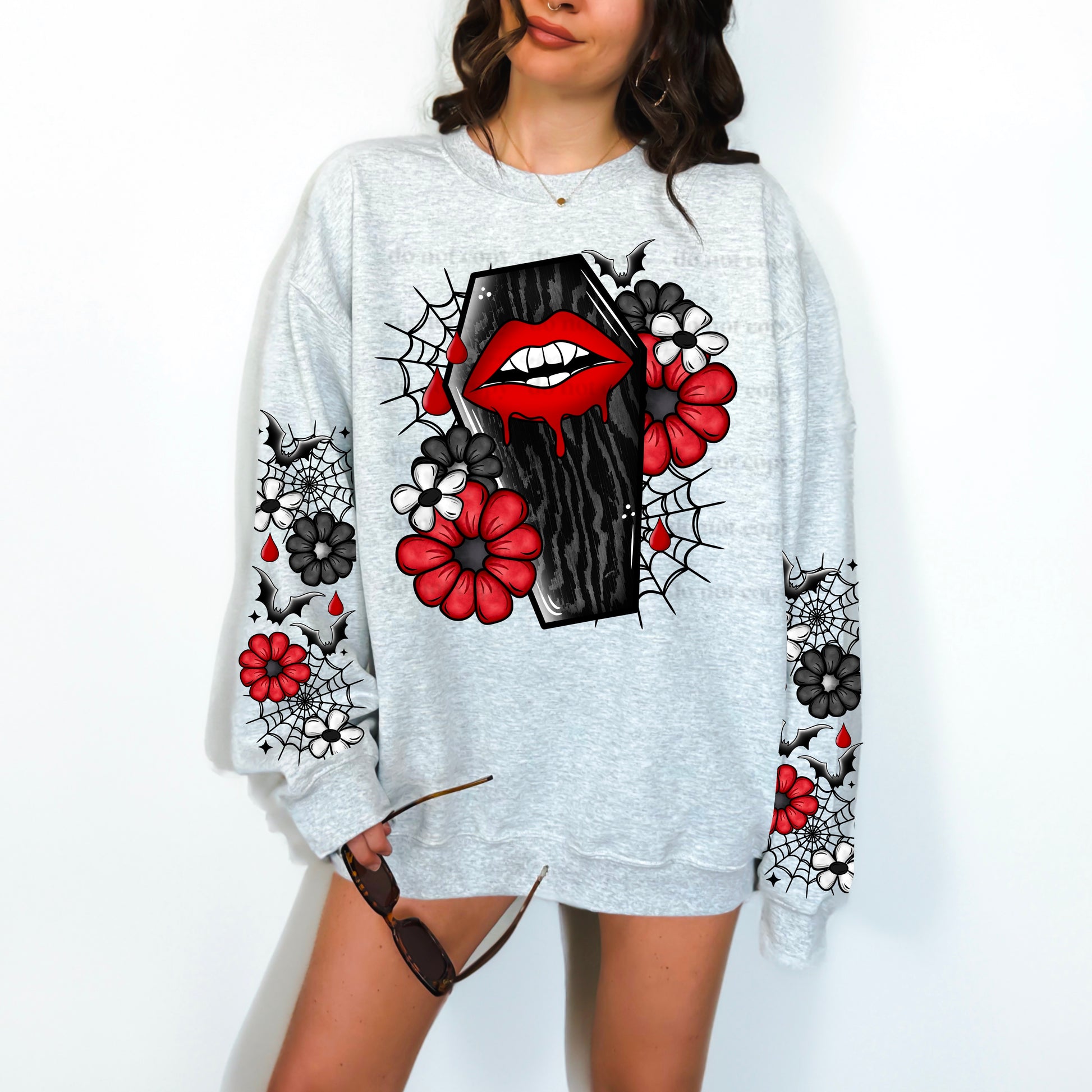 Gothic Coffin & Vampire Lips Sweatshirt | Dark Romance Floral Crewneck | Spooky Alternative Apparel | Macabre Halloween Pullover | Unisex Gray