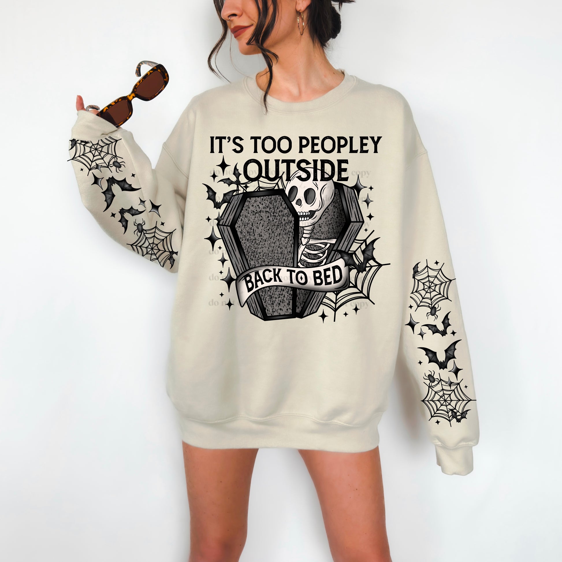 "It's Too Peopley Outside" Skeleton Sweatshirt | Introvert Halloween Crewneck | Sarcastic Spooky Apparel | Back To Bed Coffin Tee | Unisex Black / Sand