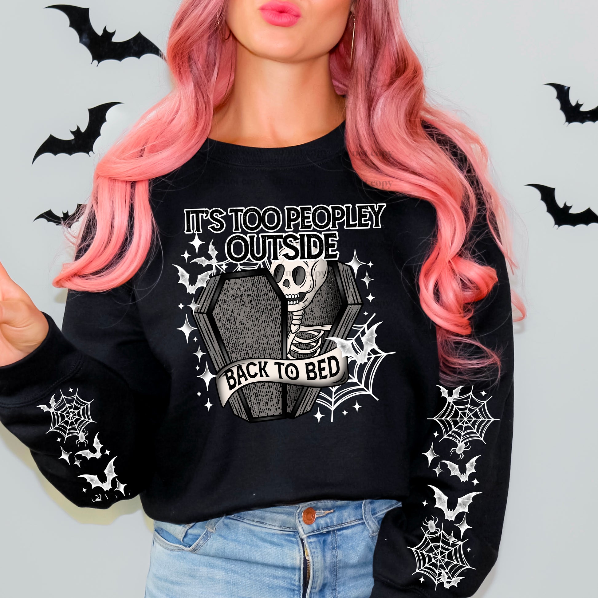 "It's Too Peopley Outside" Skeleton Sweatshirt | Introvert Halloween Crewneck | Sarcastic Spooky Apparel | Back To Bed Coffin Tee | Unisex Black / Sand