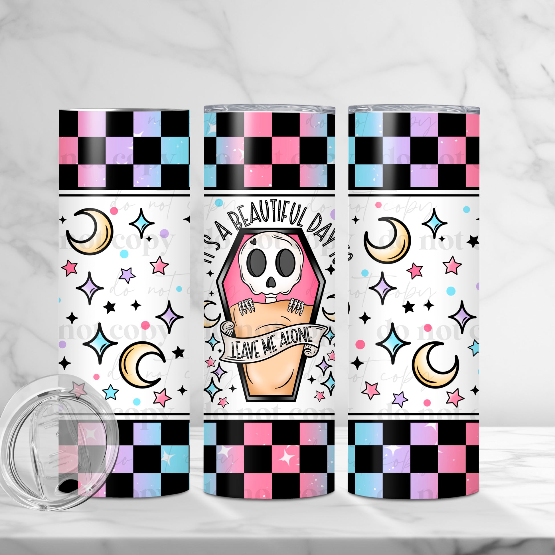 "It's A Beautiful Day, Leave Me Alone" Pastel Coffin Skull 20 oz Skinny Tumbler - Sublimated Stainless Steel