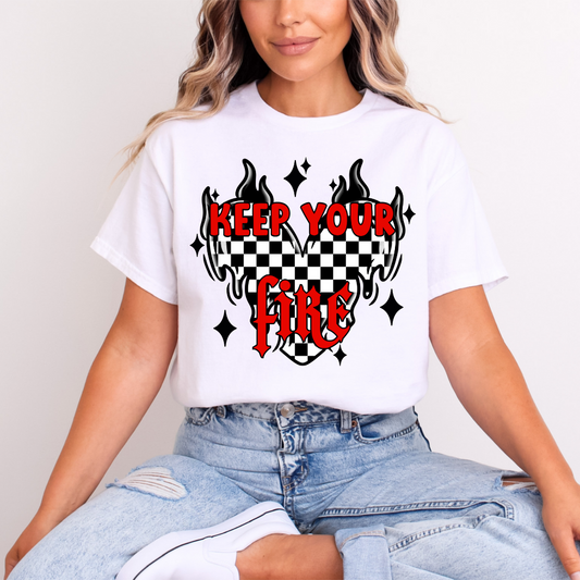 "Keep Your Fire" Checkerboard Heart Tee | Edgy Y2K Style Motivational T-Shirt for Women