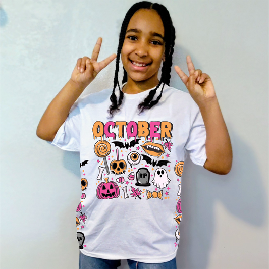 "October" Halloween T-Shirt | Youth Spooky Season Tee | All-Over Print Graphic Tee