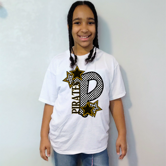 Pirates School Spirit T-Shirt | Youth Mascot Graphic Tee | Black and White Checkerboard Tee