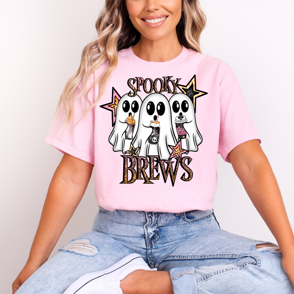 "Spooky Brews" Cute Ghost T-Shirt | Halloween Coffee & Loaded Tea Tee | Funny Fall Ghoul Gang Shirt for Women